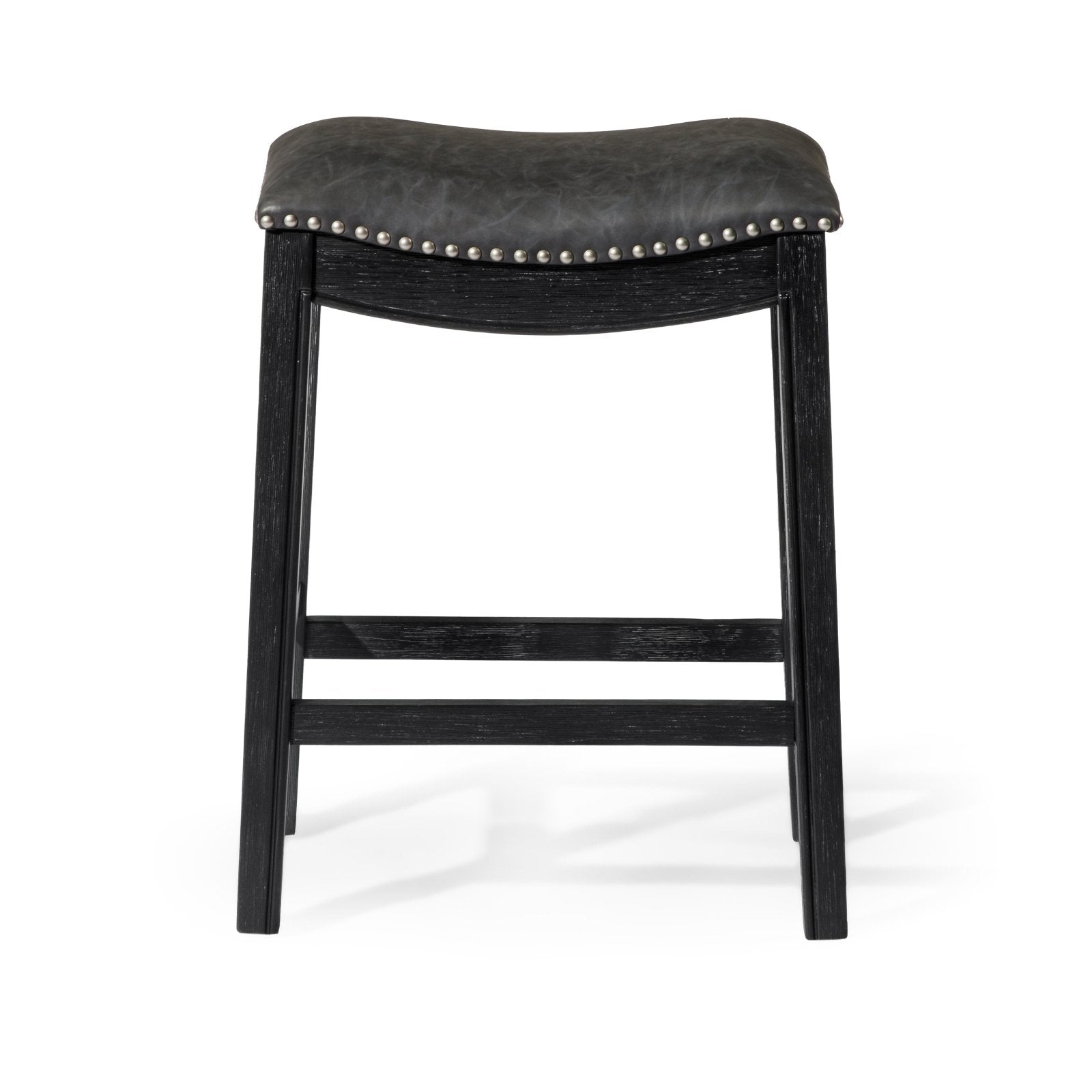 26" Adrien Saddle Counter Stool in Aged Black Finish with Charcoal Black Vegan Leather in Stools by Maven Lane