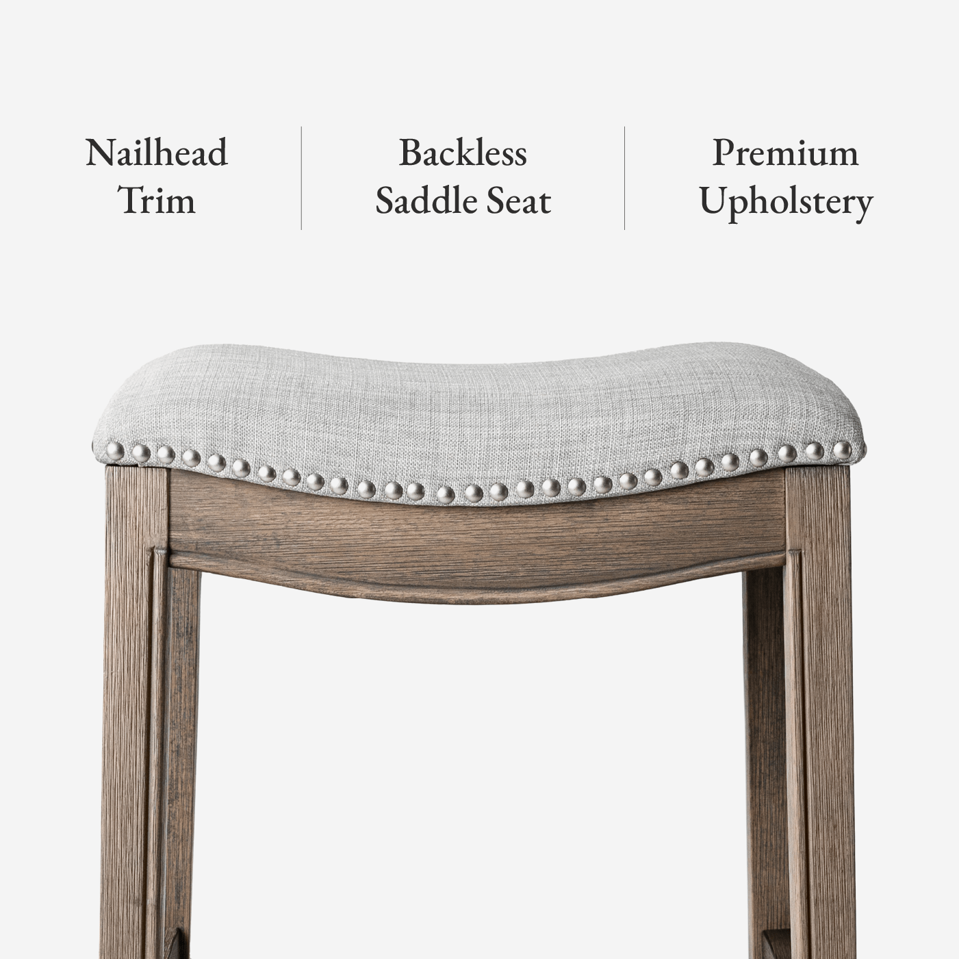 26" Adrien Saddle Counter Stool in Reclaimed Oak Finish with Ash Grey Fabric Upholstery in Stools by Maven Lane