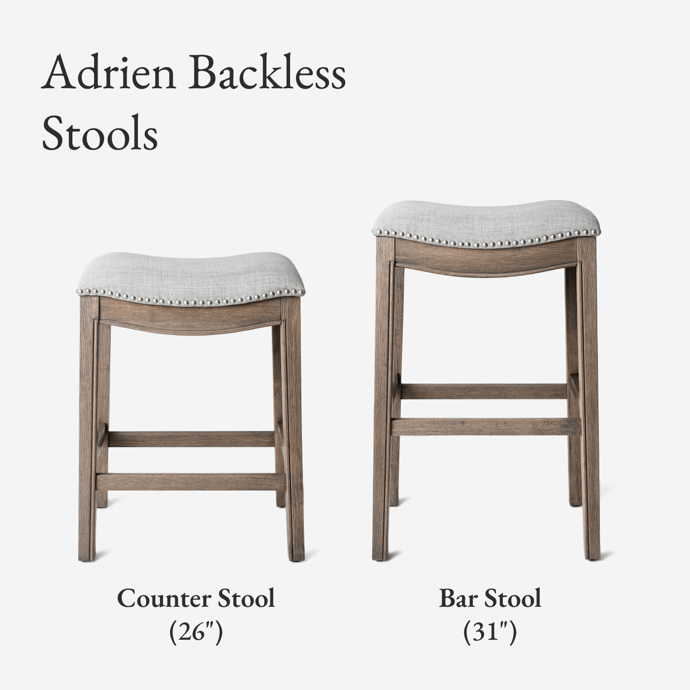 26" Adrien Saddle Counter Stool in Reclaimed Oak Finish with Ash Grey Fabric Upholstery in Stools by Maven Lane