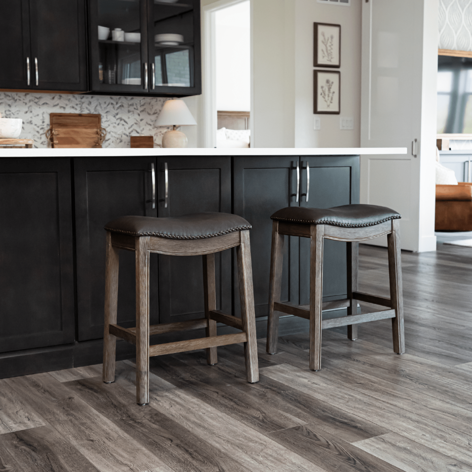 26" Adrien Saddle Counter Stool in Brown Finish with Dark Brown Faux Leather (Set of 3) in Stools by Maven Lane