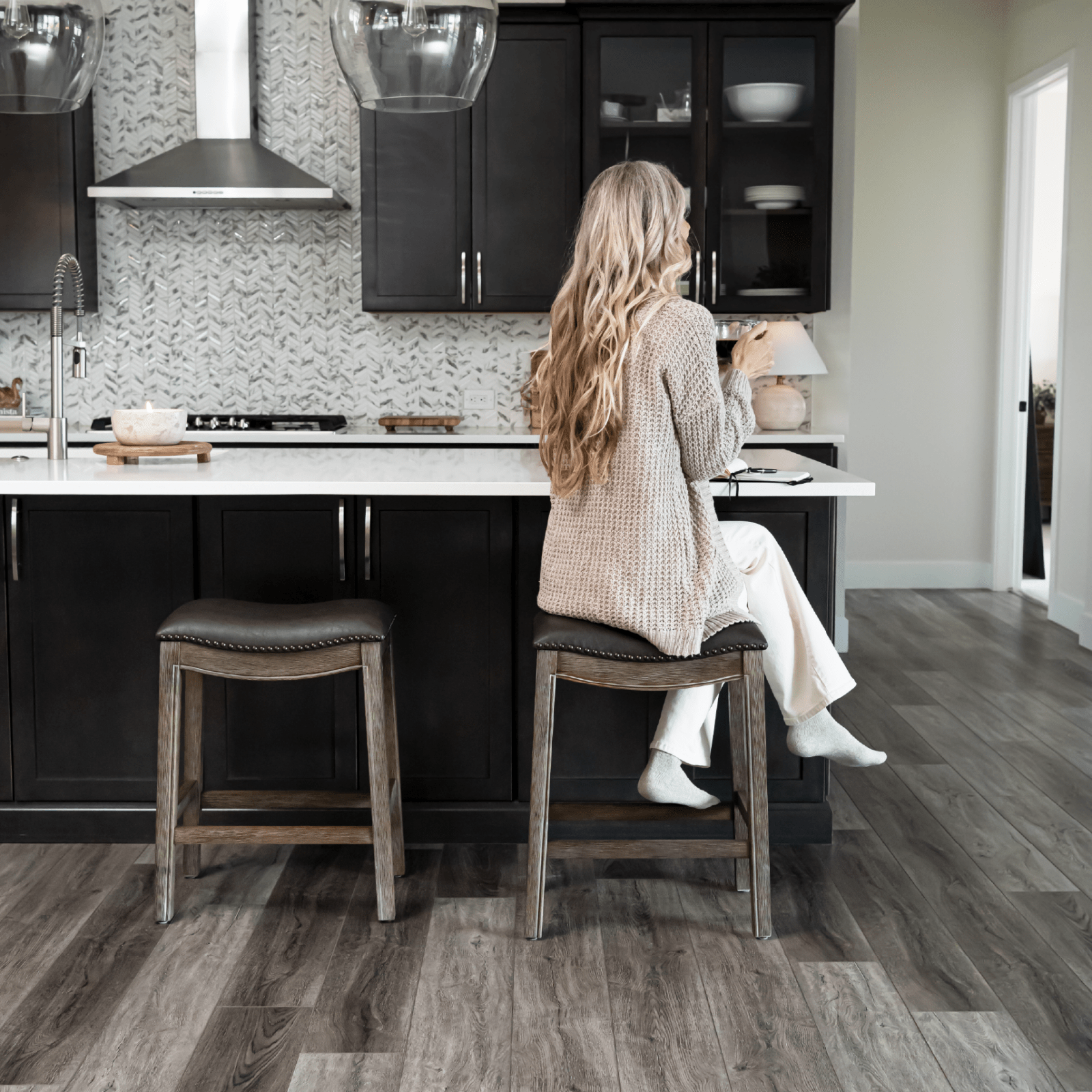 26" Adrien Saddle Counter Stool in Brown Finish with Dark Brown Faux Leather (Set of 3) in Stools by Maven Lane