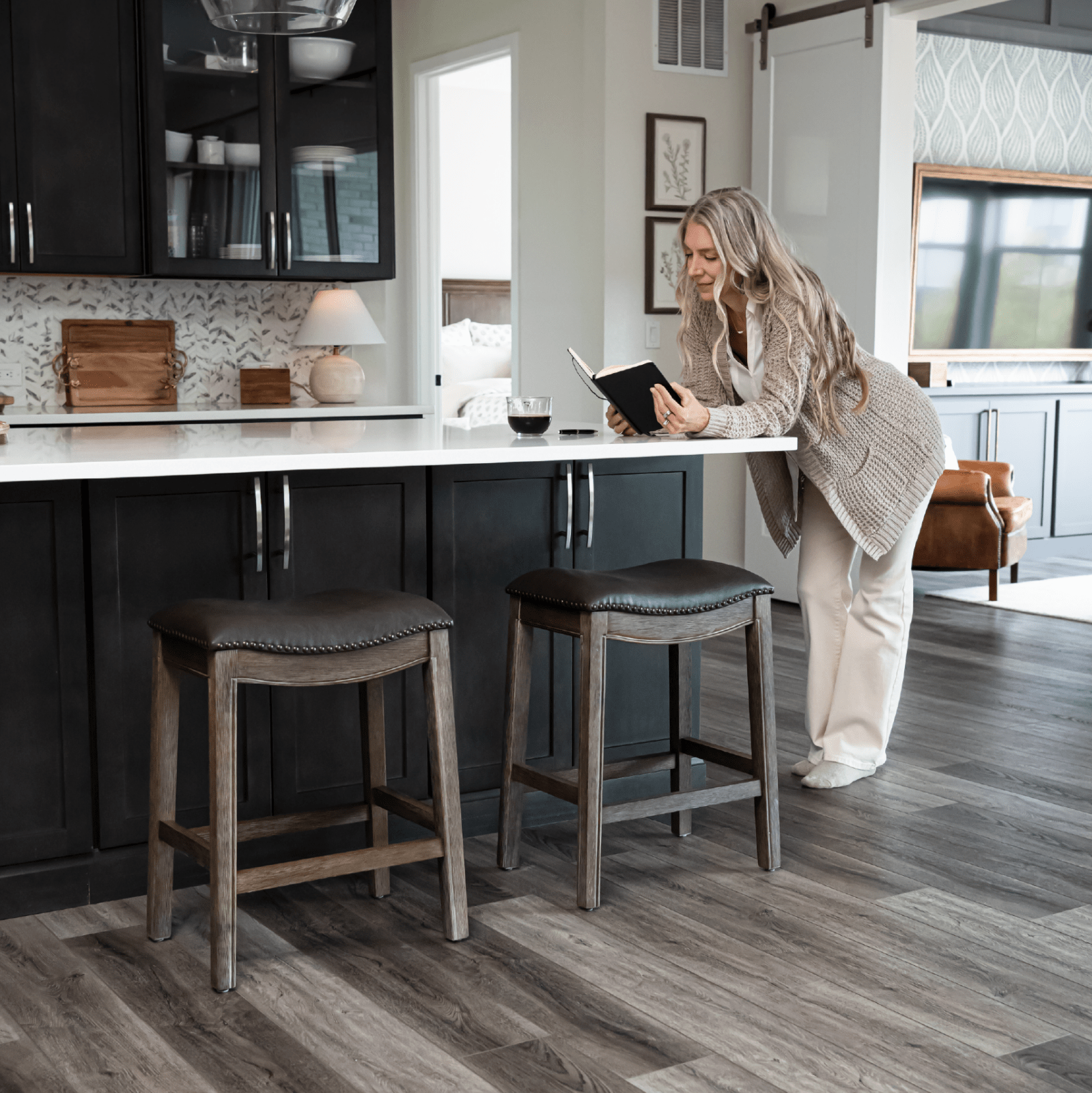 26" Adrien Saddle Counter Stool in Brown Finish with Dark Brown Faux Leather (Set of 3) in Stools by Maven Lane