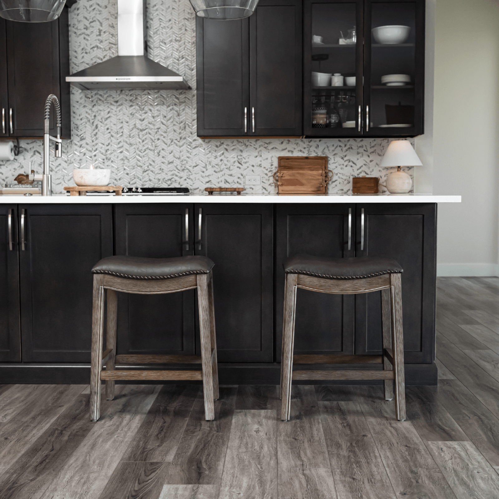 26" Adrien Saddle Counter Stool in Brown Finish with Dark Brown Faux Leather (Set of 3) in Stools by Maven Lane