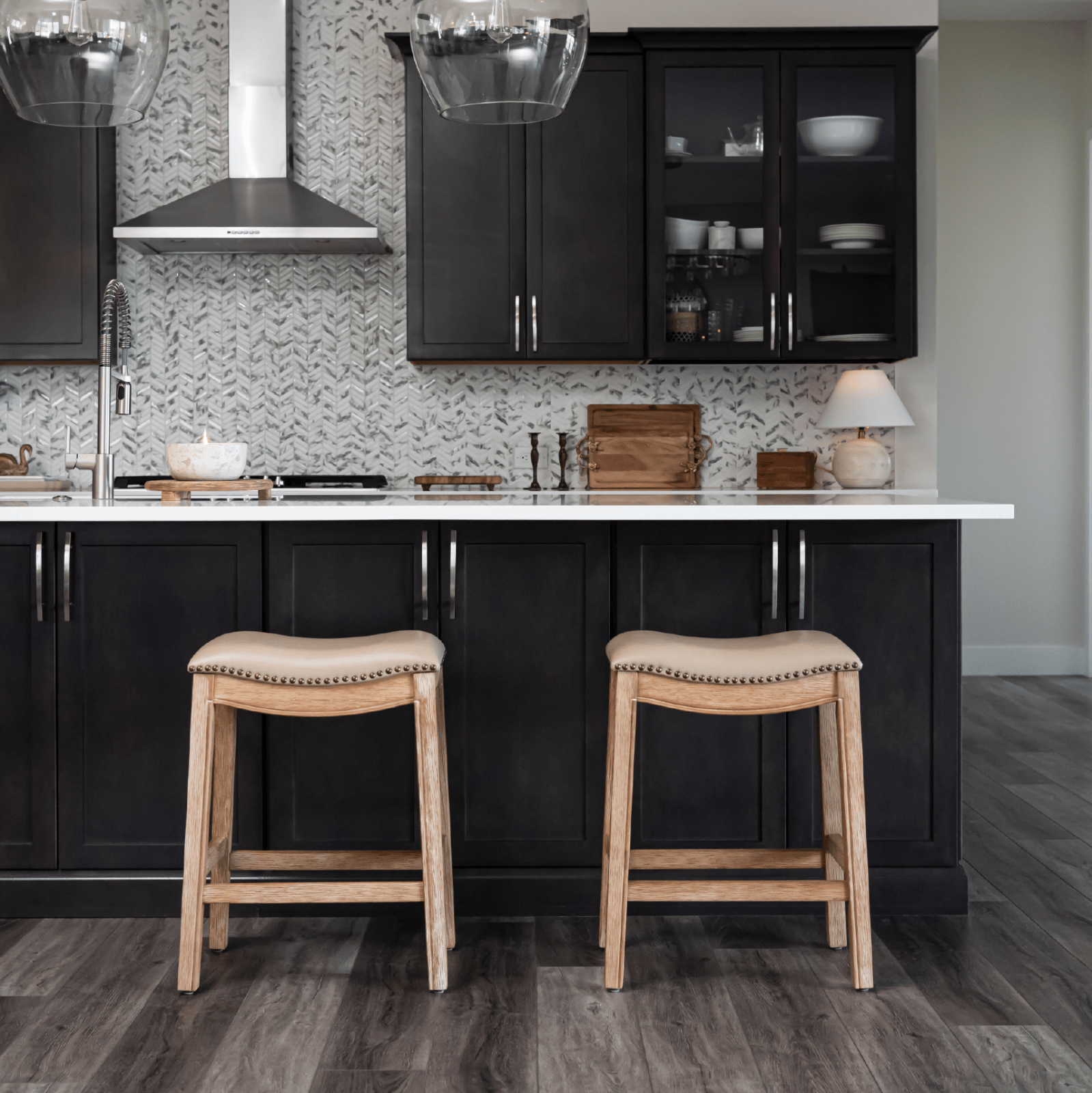 26" Adrien Saddle Counter Stool in Natural Finish with Beige Faux Leather (Set of 3) in Stools by Maven Lane