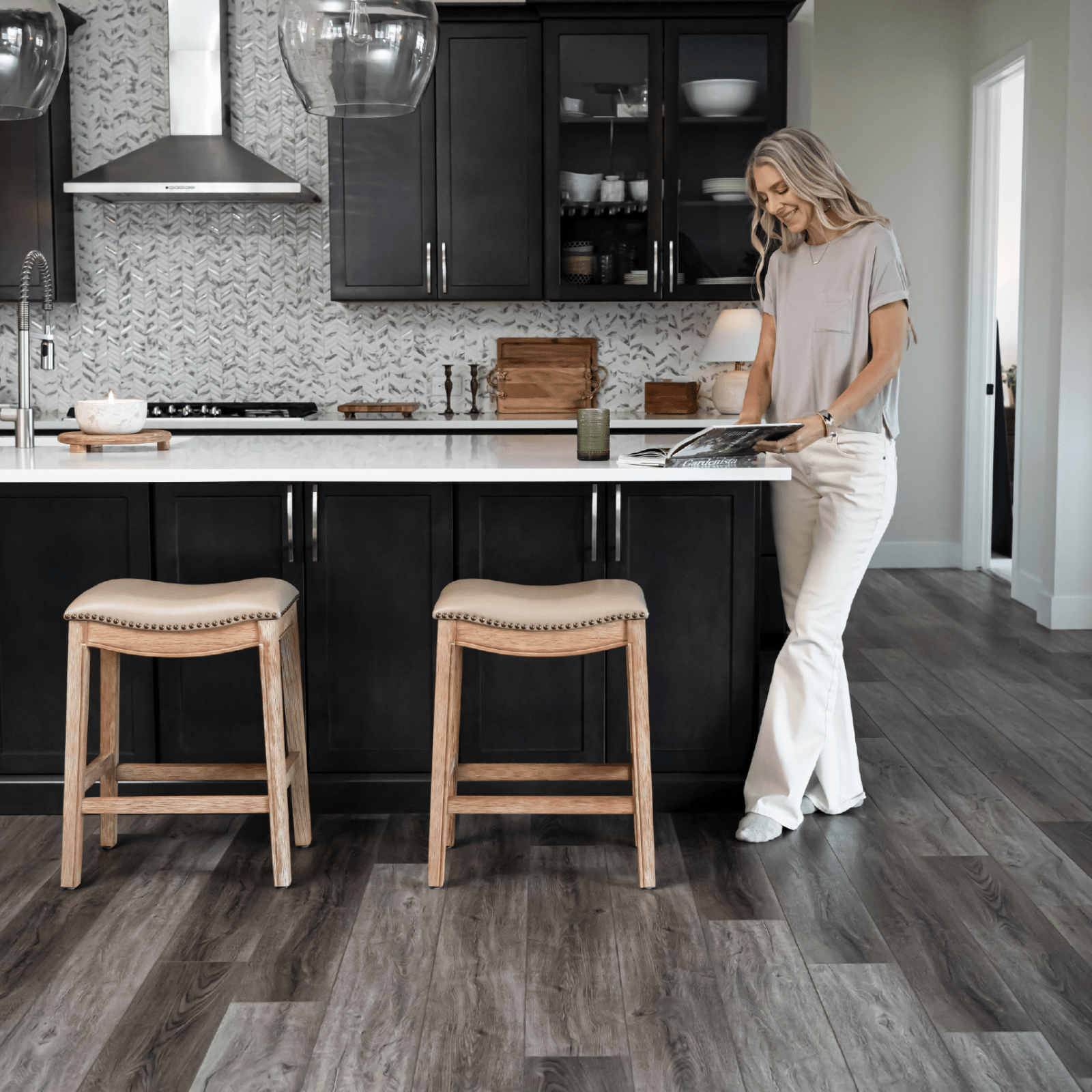 26" Adrien Saddle Counter Stool in Natural Finish with Beige Faux Leather (Set of 3) in Stools by Maven Lane