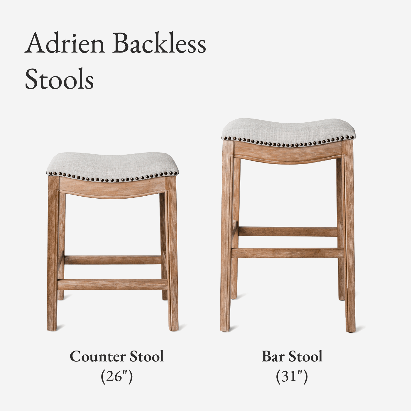 26" Adrien Saddle Counter Stool in Weathered Oak Finish with Sand Color Fabric Upholstery in Stools by Maven Lane