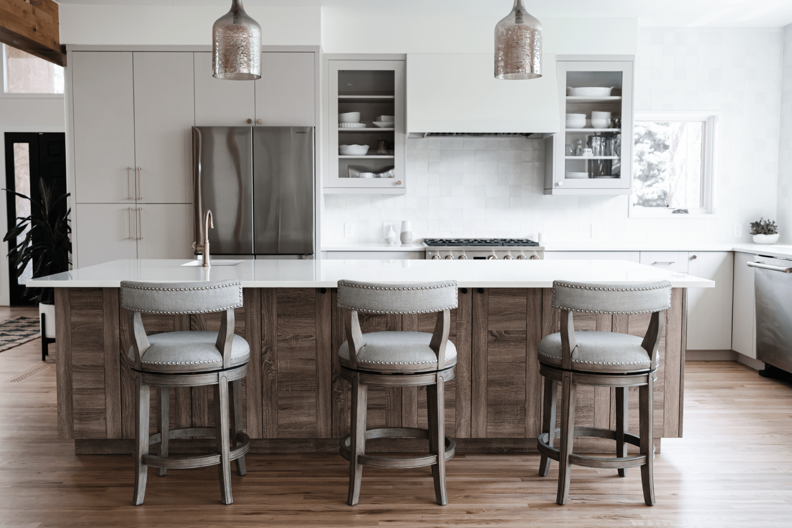26" Alexander Counter Stool in Reclaimed Oak Finish with Ash Grey Fabric Upholstery in Stools by Maven Lane