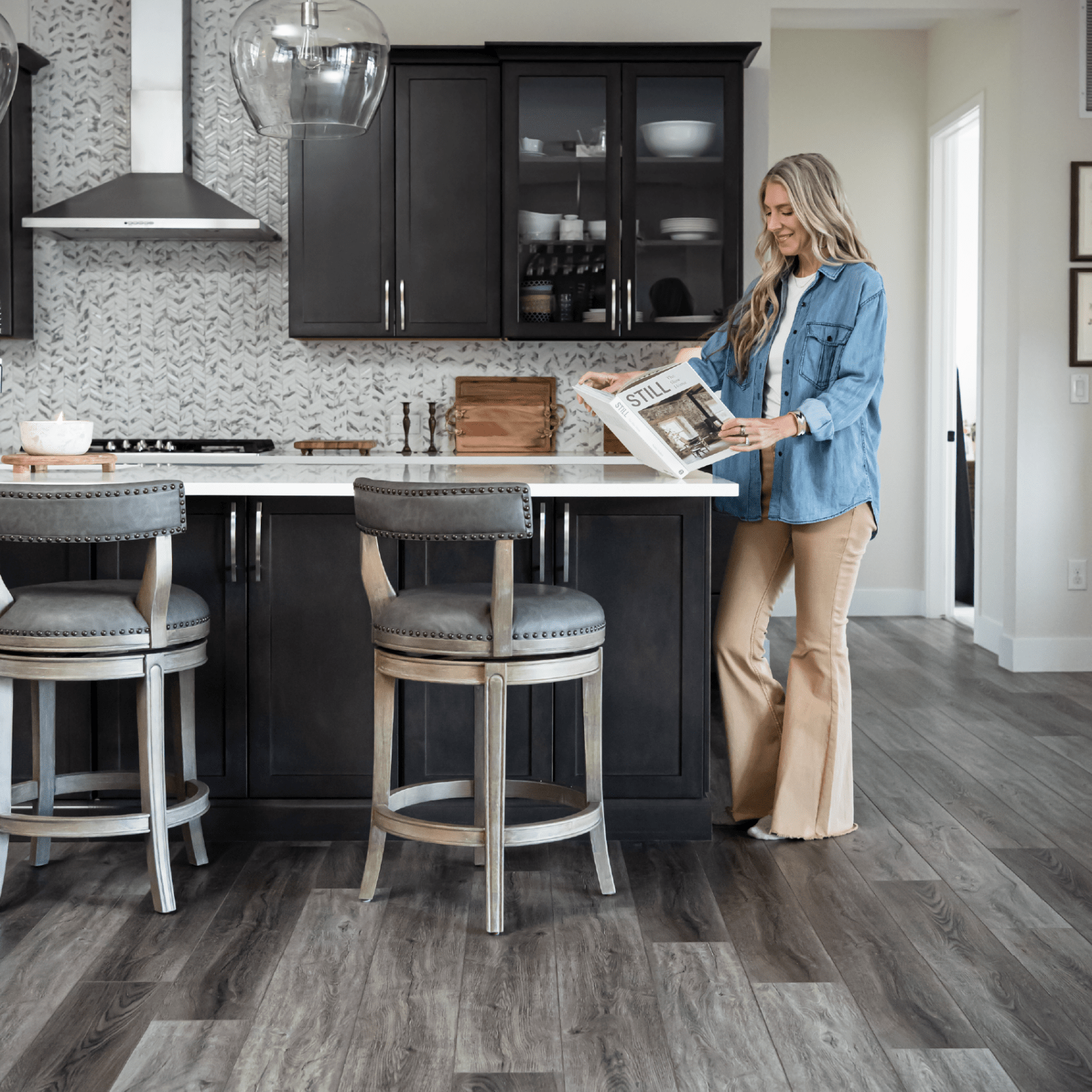 26" Alexander Counter Stool in Reclaimed Oak Finish with Ronan Stone Vegan Leather in Stools by Maven Lane