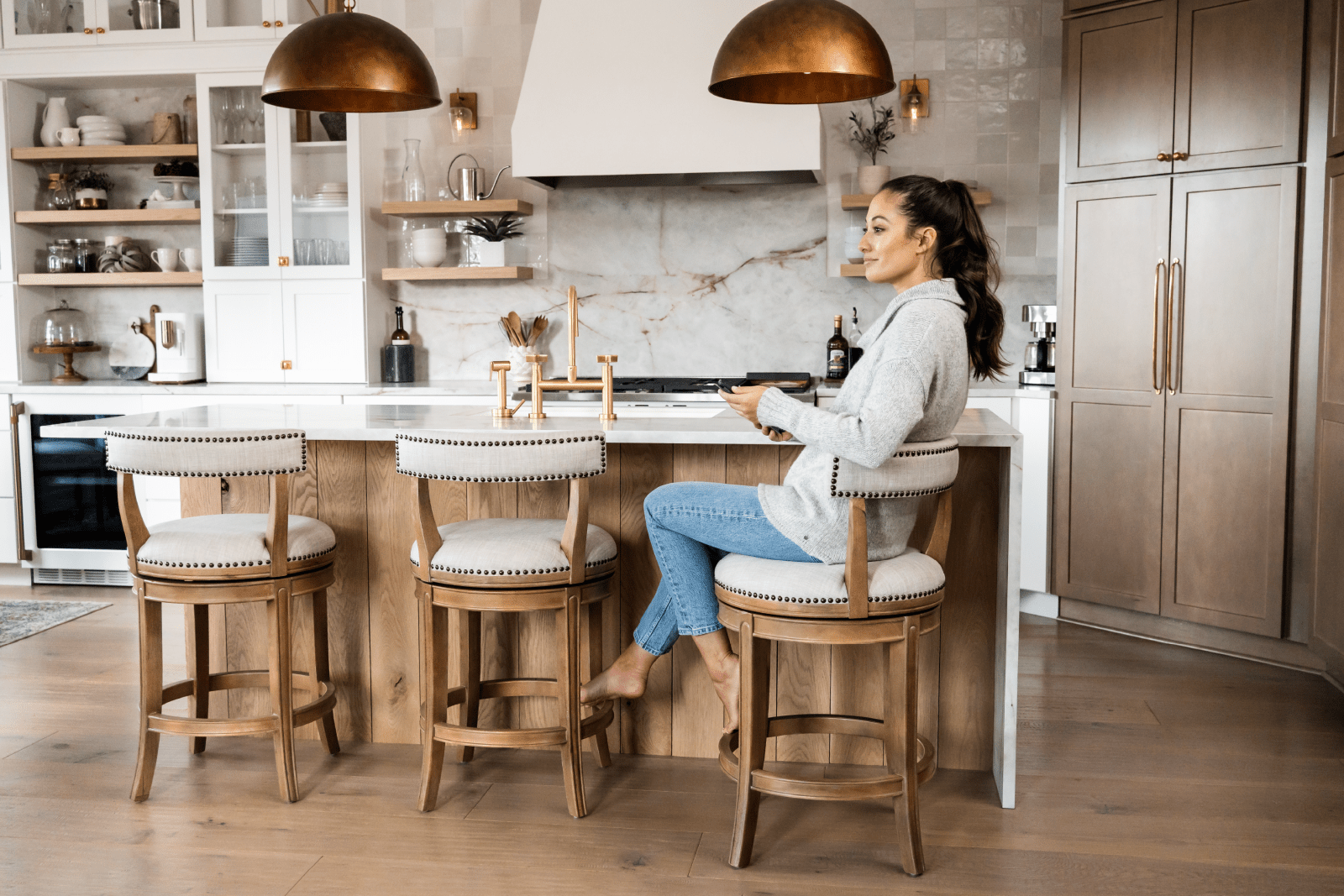 26" Alexander Counter Stool in Weathered Oak Finish with Sand Color Fabric Upholstery in Stools by Maven Lane