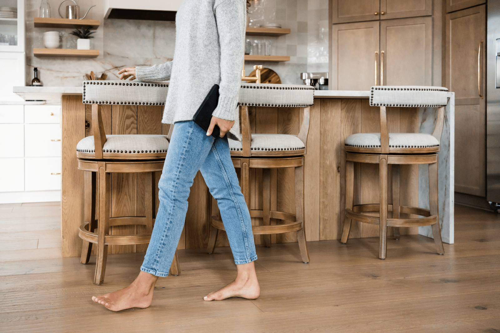 26" Alexander Counter Stool in Weathered Oak Finish with Sand Color Fabric Upholstery in Stools by Maven Lane