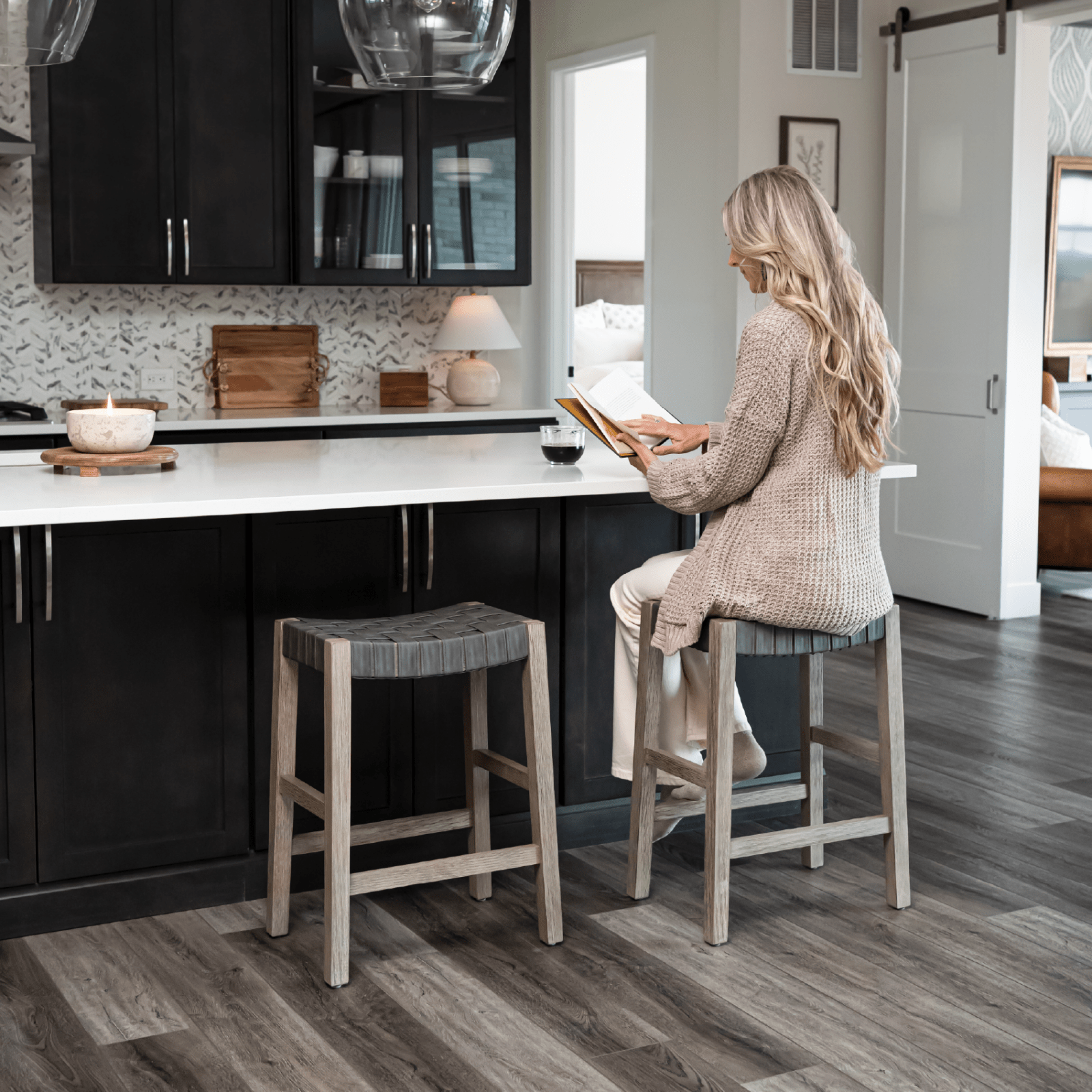 26" Emerson Counter Stool in Weathered Grey Wood Finish with Ronan Stone Vegan Leather in Stools by Maven Lane