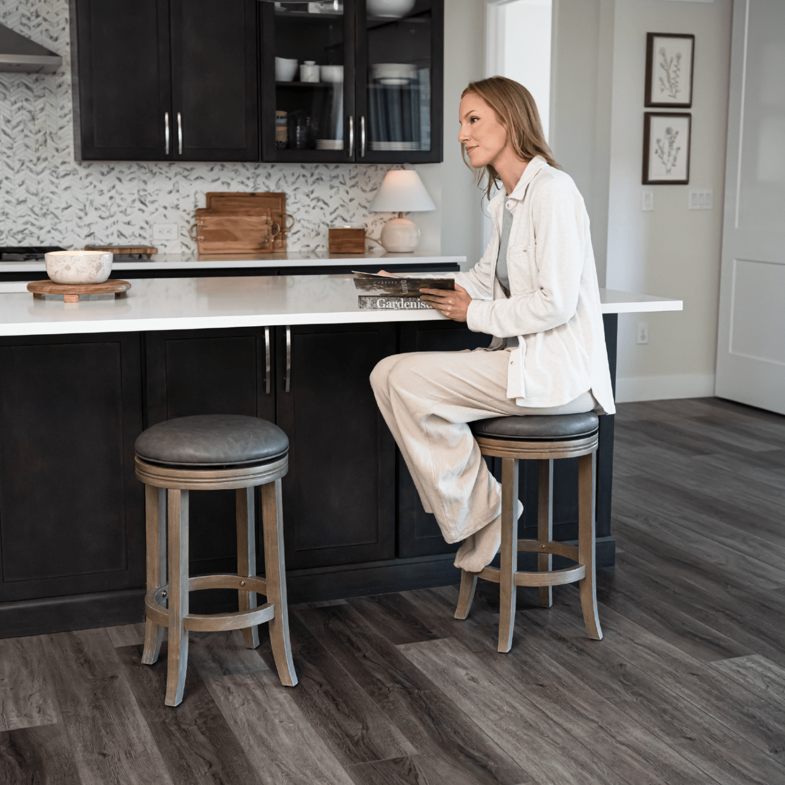 26" Eva Counter Height Kitchen Stool - Reclaimed Oak Finish with Ronan Stone Vegan Leather in Stools by Maven Lane
