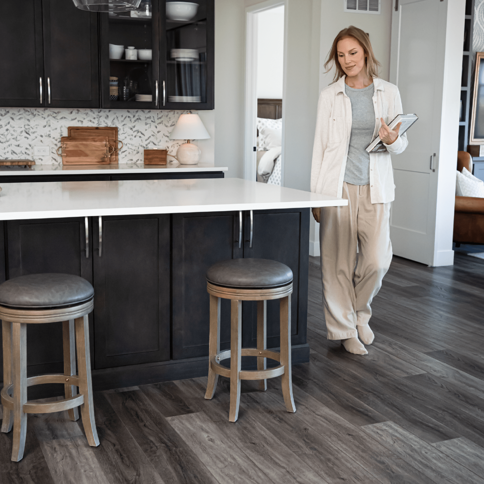 26" Eva Counter Height Kitchen Stool - Reclaimed Oak Finish with Ronan Stone Vegan Leather in Stools by Maven Lane