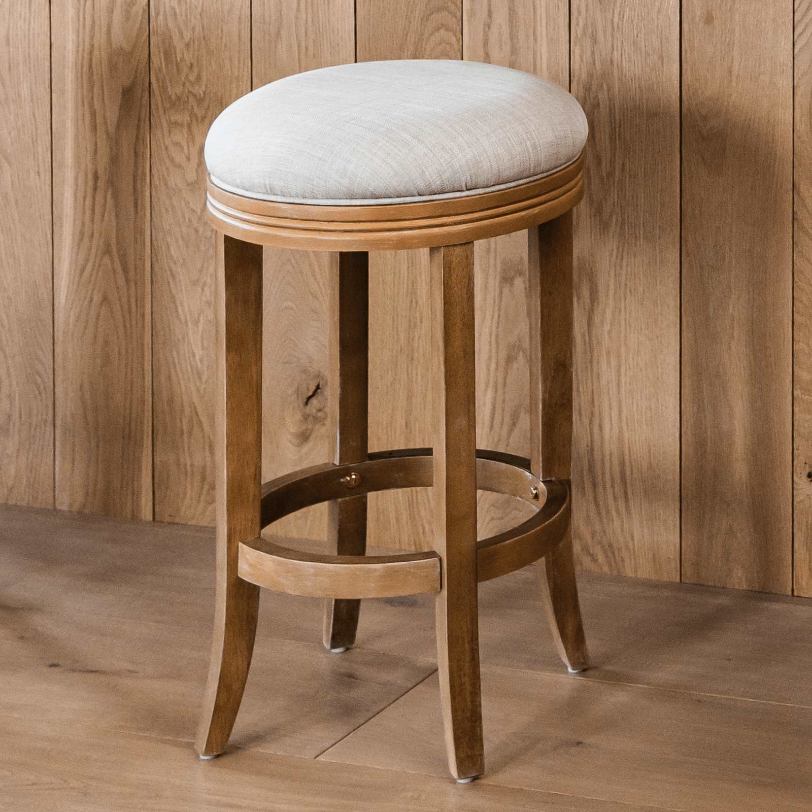 26" Eva Counter Height Kitchen Stool - Weathered Oak Finish with Sand Color Fabric Upholstery in Stools by Maven Lane