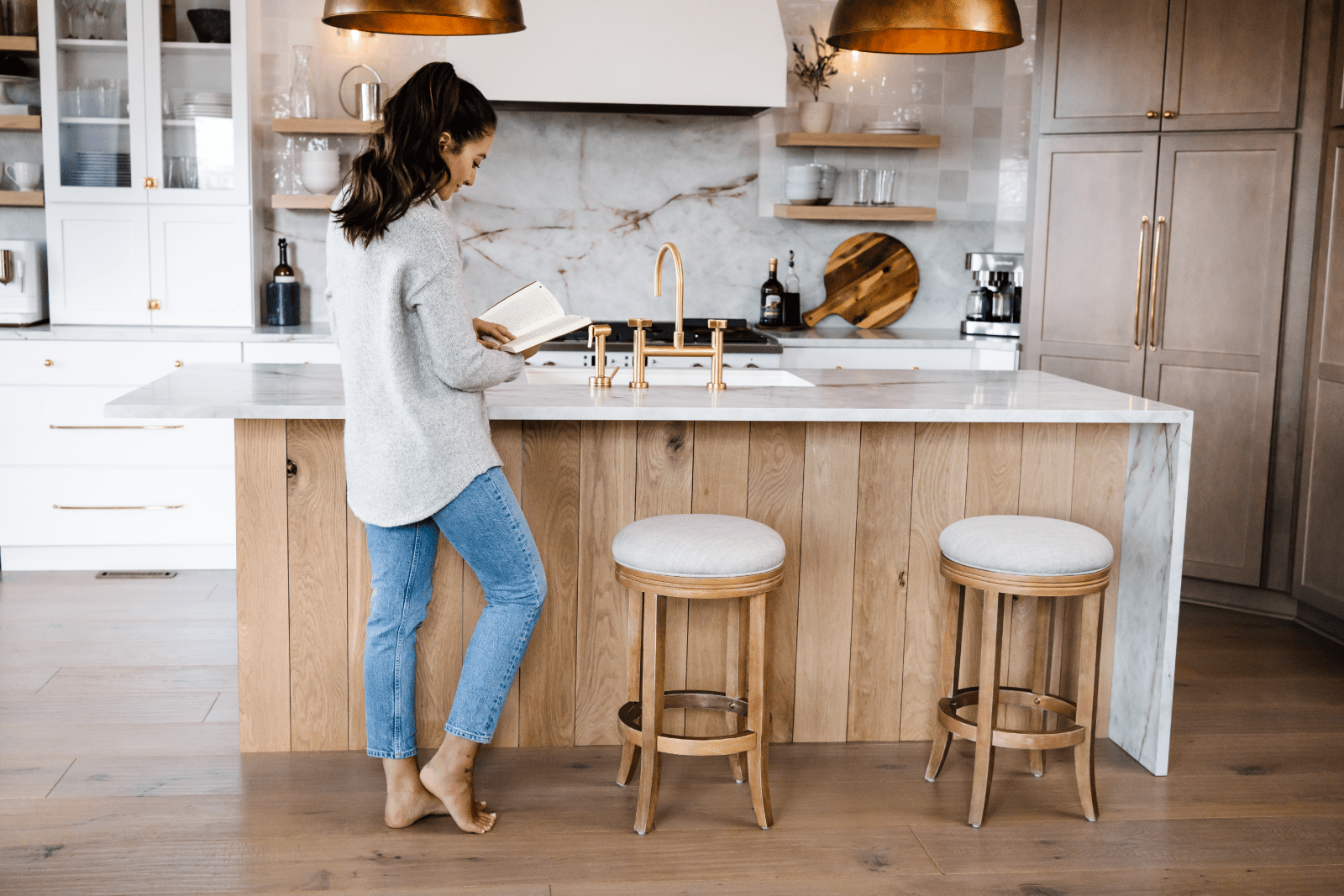 26" Eva Counter Height Kitchen Stool - Weathered Oak Finish with Sand Color Fabric Upholstery in Stools by Maven Lane