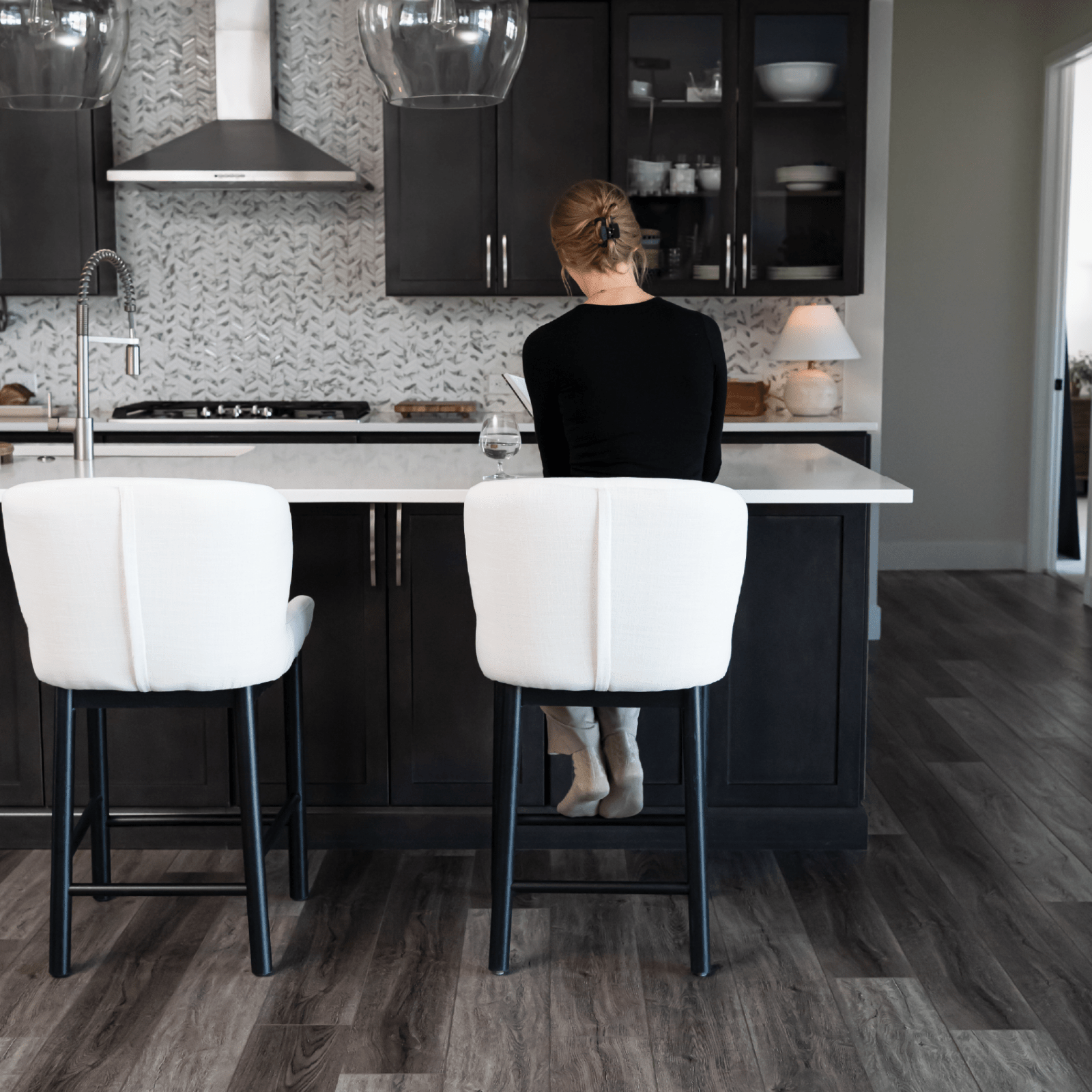 26" Gia Counter Stool in Aged Black Finish with Dove Weave Fabric in Stools by Maven Lane