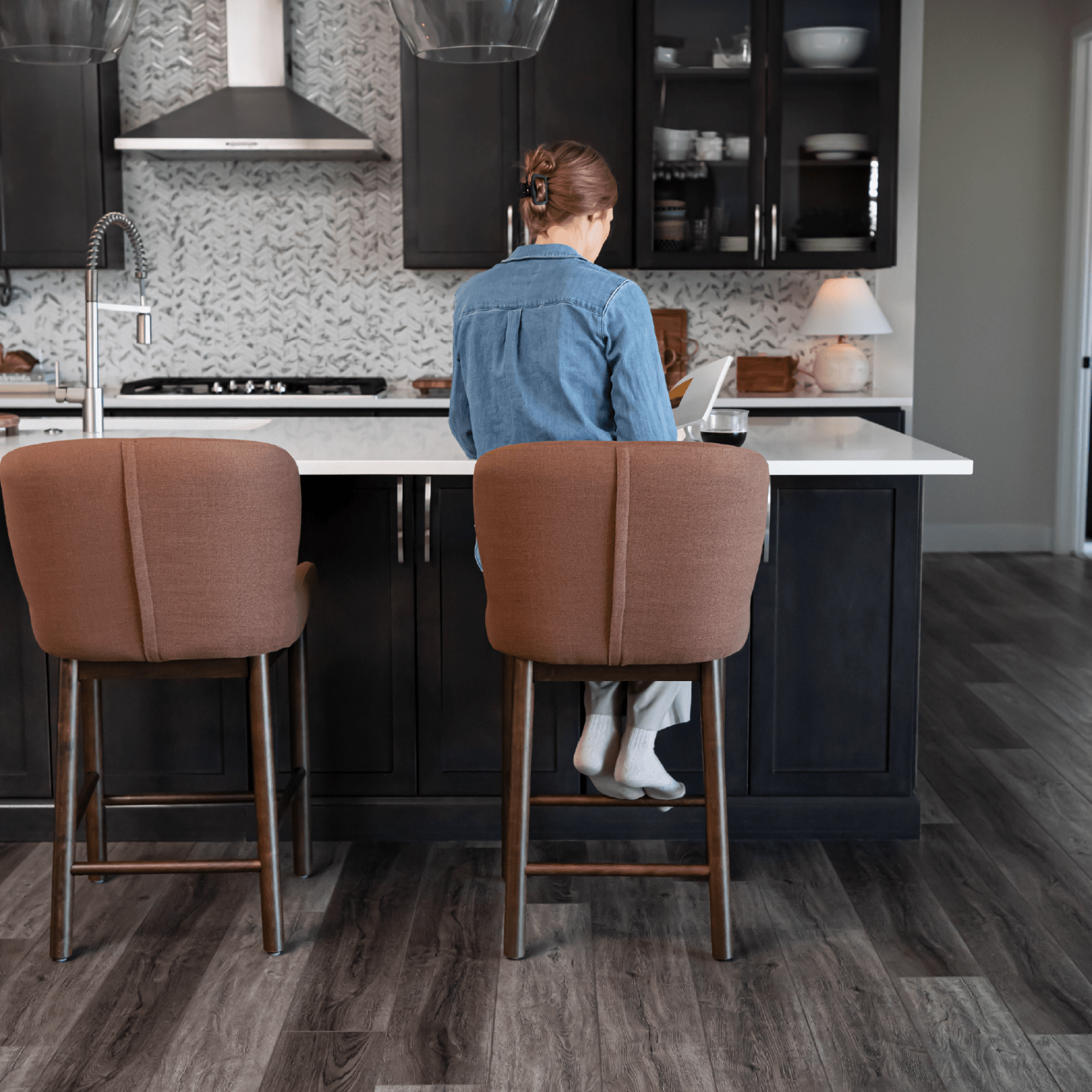 26" Gia Counter Stool in Aged Brown Finish with Clay Canvas Fabric in Stools by Maven Lane