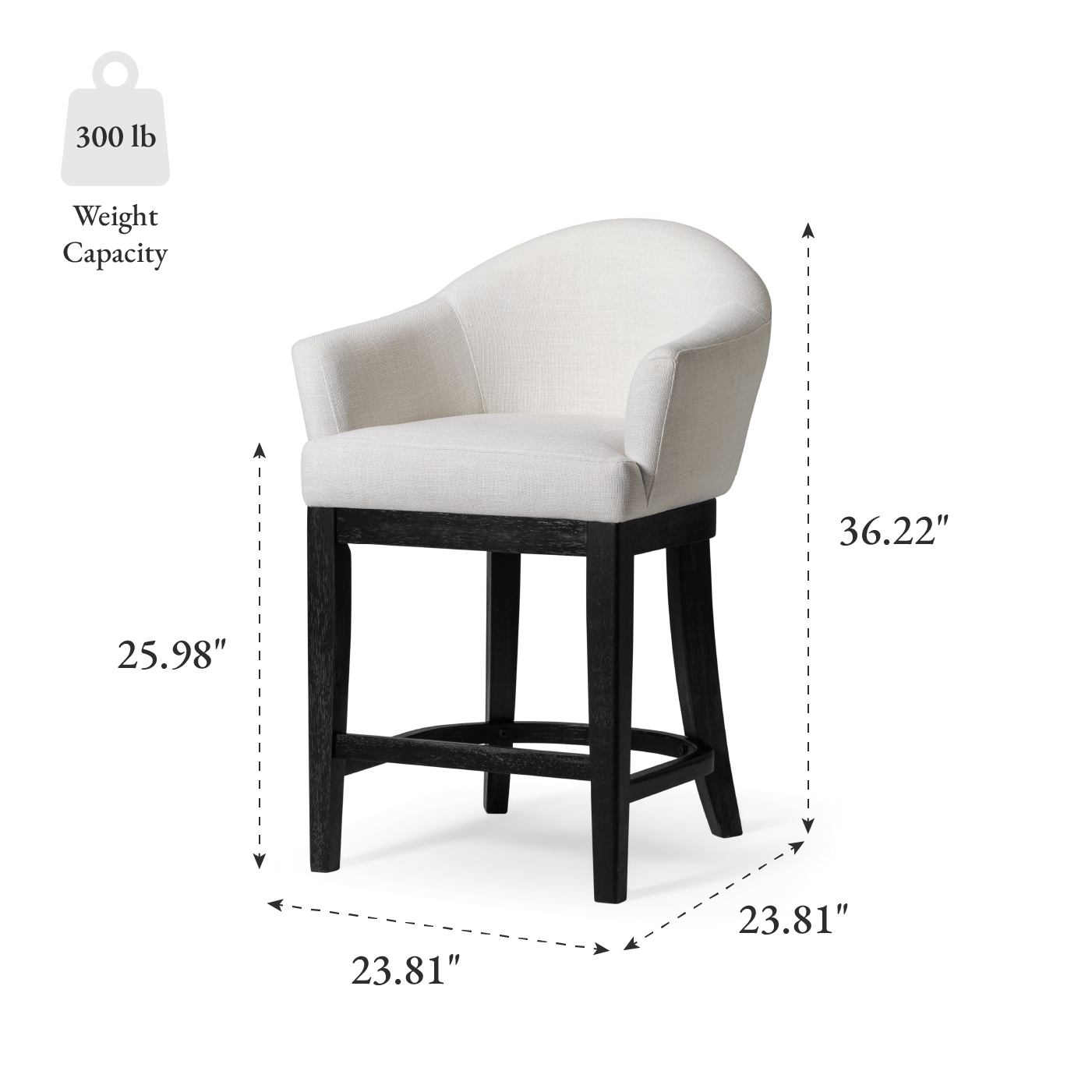 26" Isabella Swivel Counter Stool in Aged Black Finish with Snow White Fabric in Counter Stools by Maven Lane