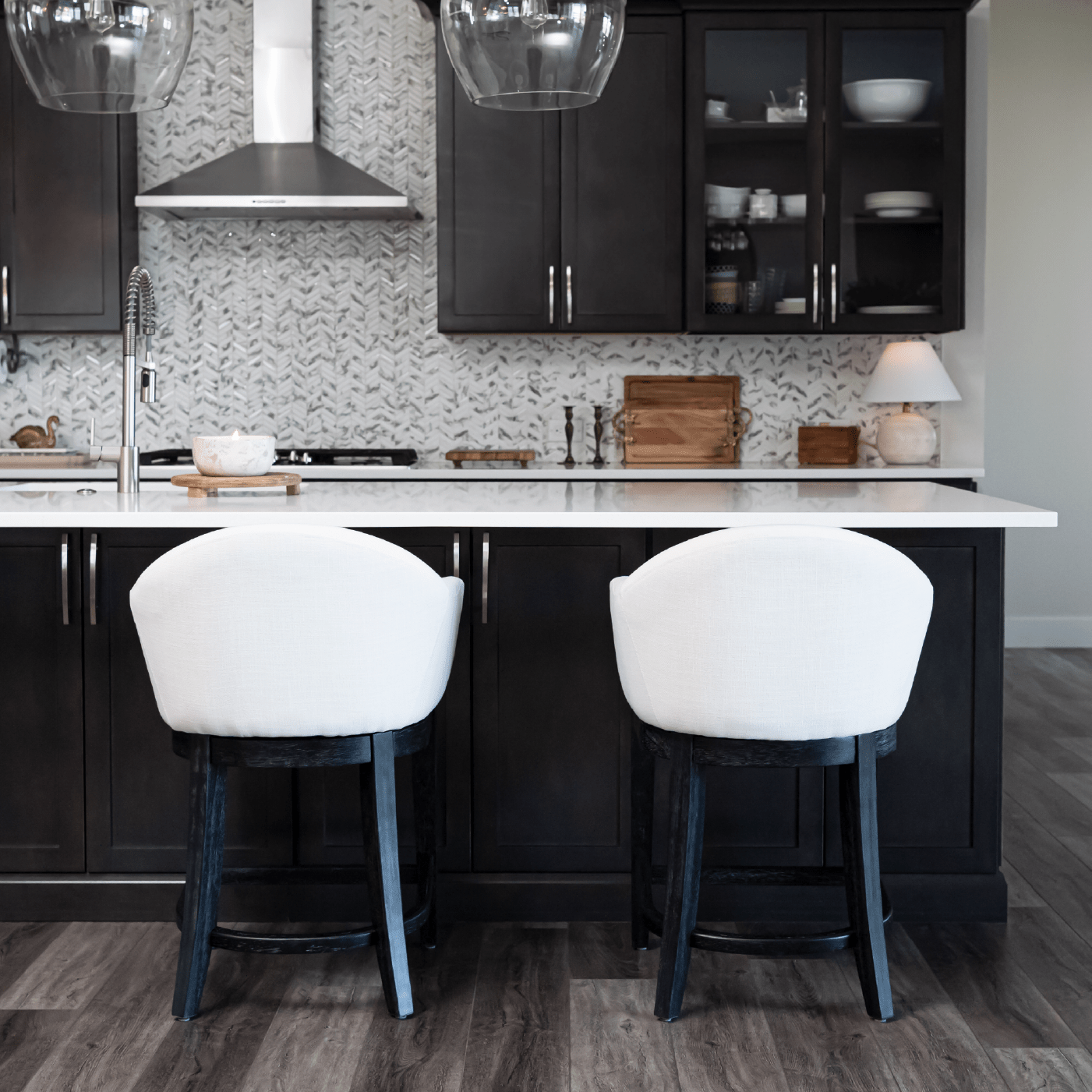 26" Isabella Swivel Counter Stool in Aged Black Finish with Snow White Fabric in Counter Stools by Maven Lane