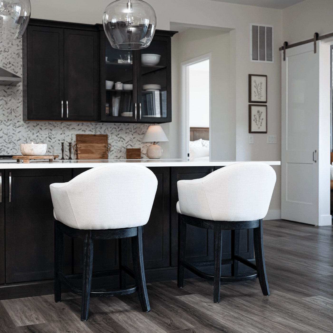 26" Isabella Swivel Counter Stool in Aged Black Finish with Snow White Fabric in Counter Stools by Maven Lane