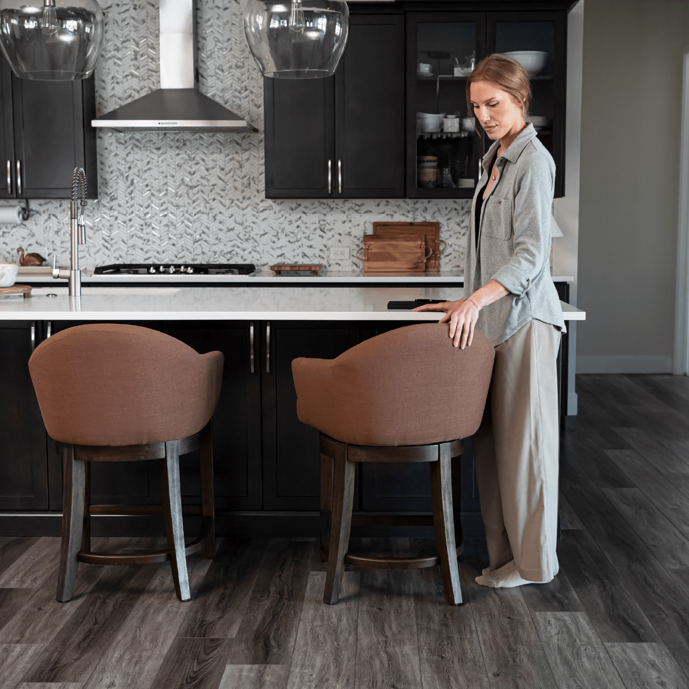 26" Isabella Swivel Counter Stool in Aged Brown Finish with Clay Canvas Fabric in Maven Lane by Maven Lane