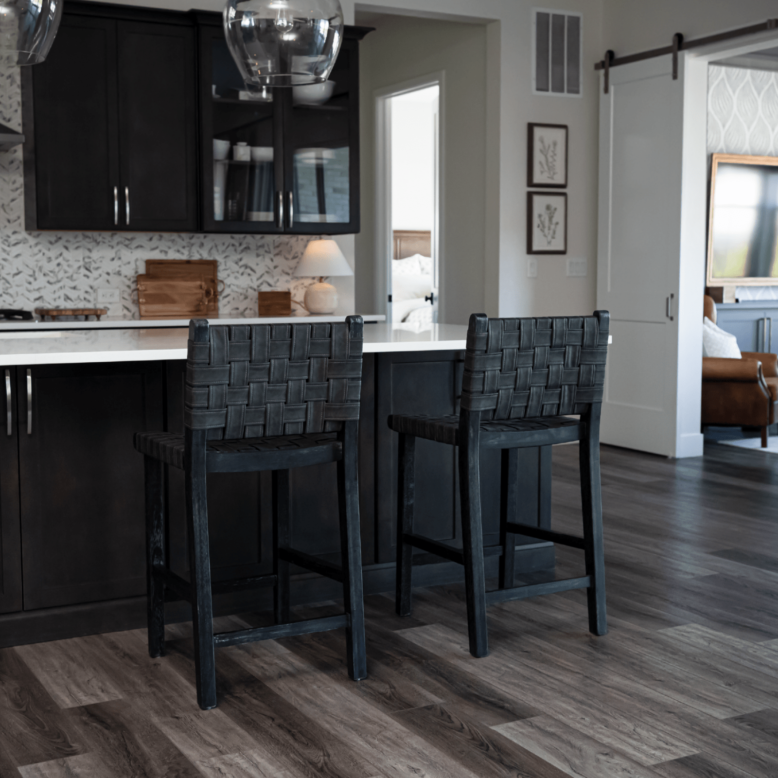 26" Noah Counter Stool in Aged Black Finish with Charcoal Black Vegan Leather in Stools by Maven Lane