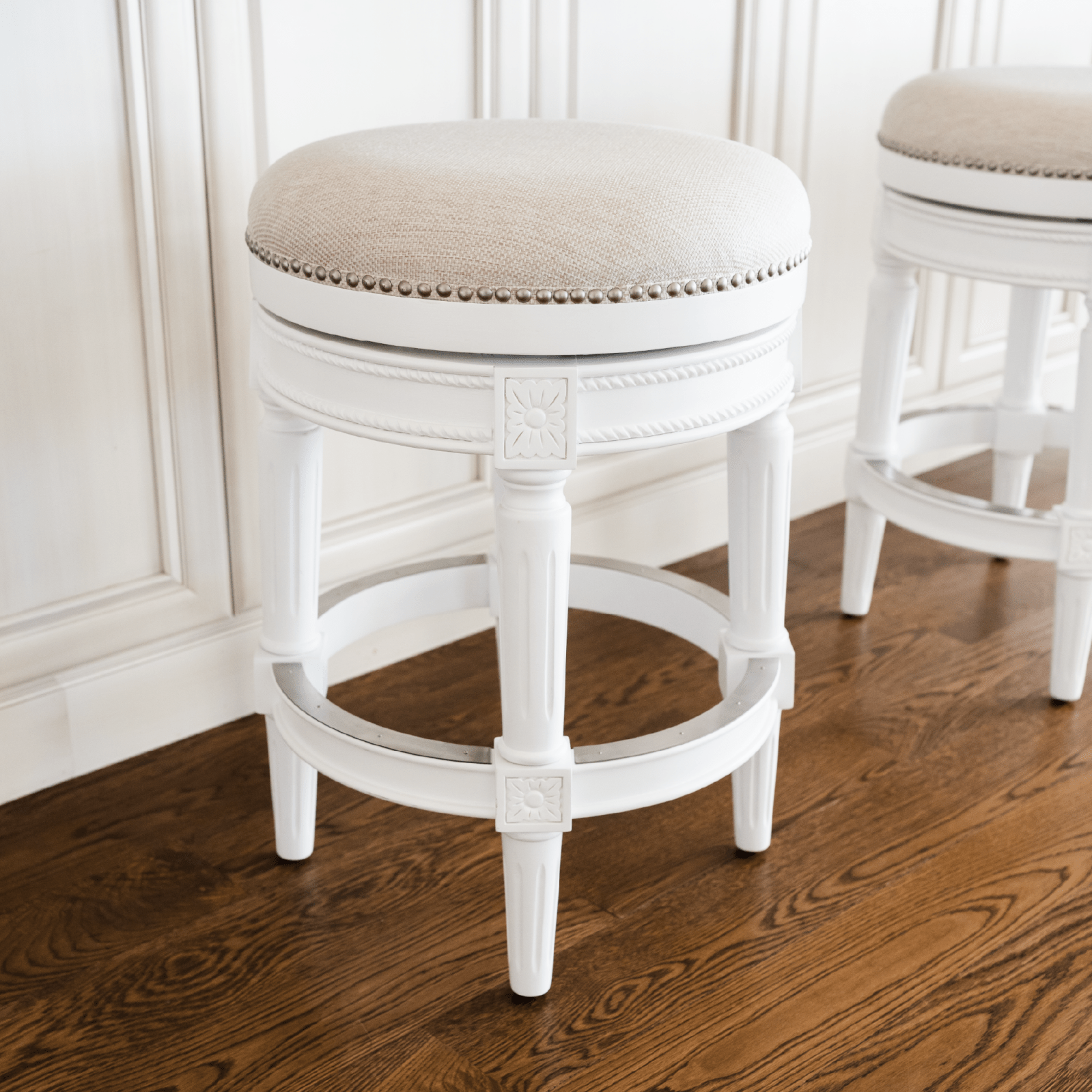 26" Pullman Backless Counter Stool in Alabaster White Finish with Cream Fabric Upholstery in Stools by Maven Lane
