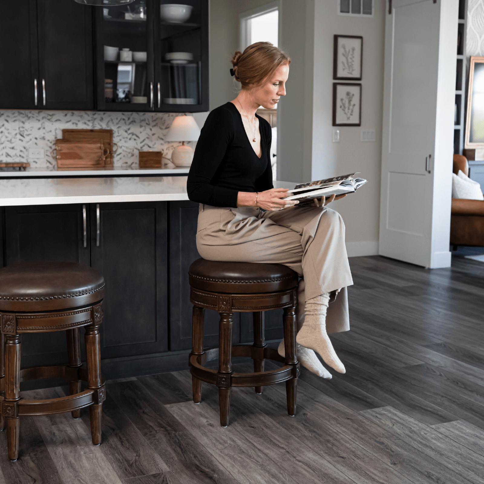 26" Pullman Backless Counter Stool in Dark Walnut Finish with Vintage Brown Vegan Leather in Stools by Maven Lane