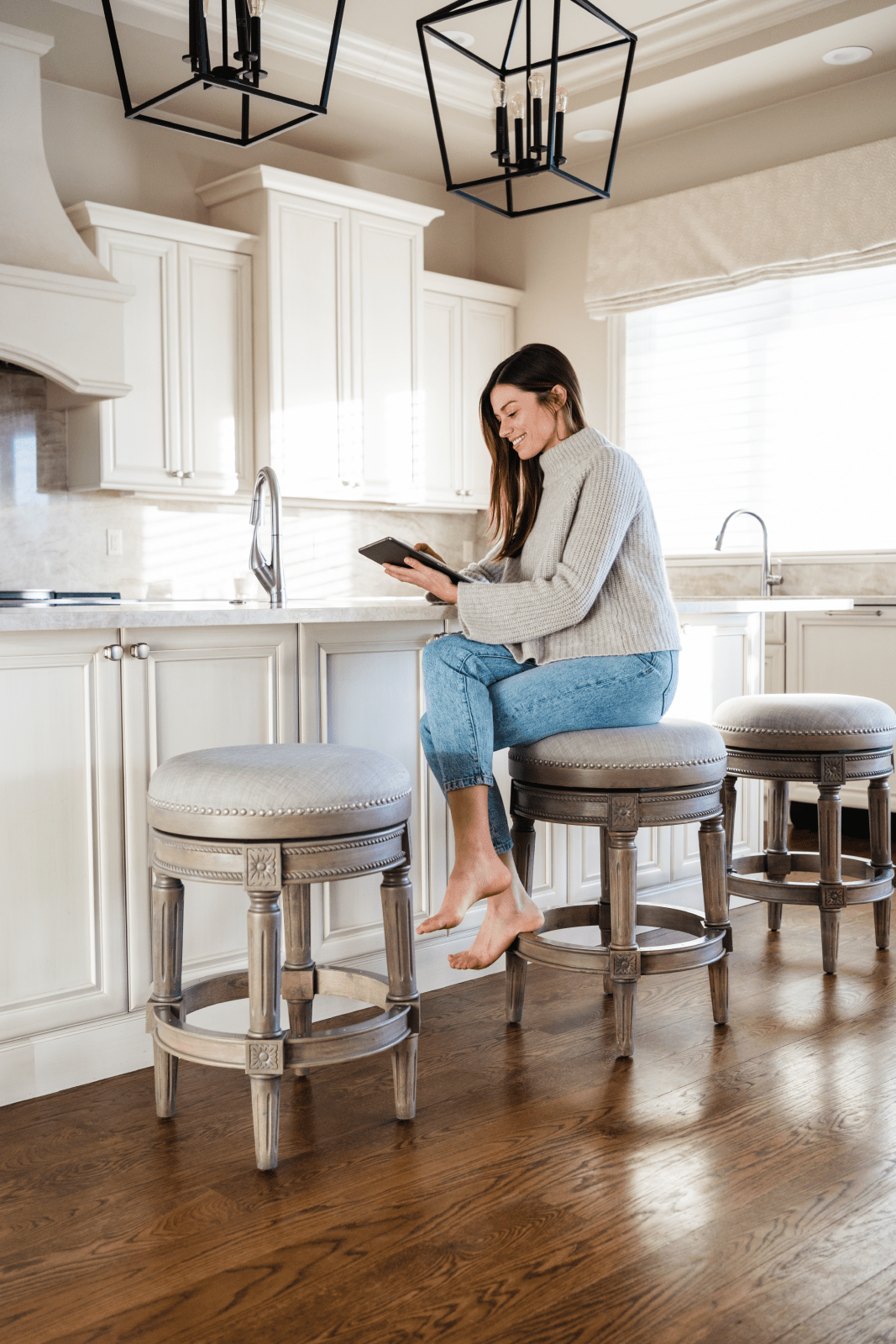 26" Pullman Backless Counter Stool in Reclaimed Oak Finish with Ash Grey Fabric Upholstery in Stools by Maven Lane