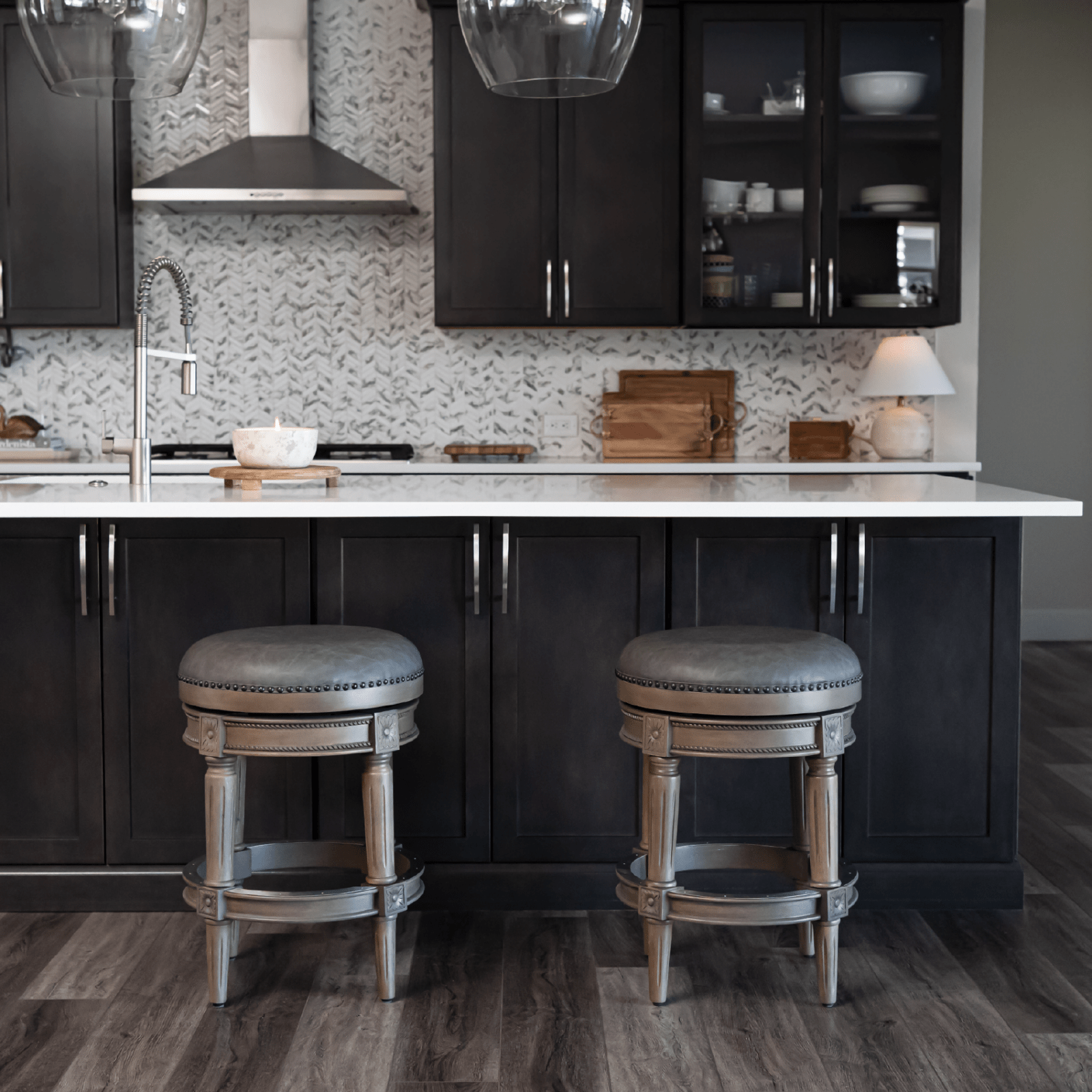 26" Pullman Backless Counter Stool in Grey Finish with Grey Faux Leather (Set of 4) in Stools by Maven Lane