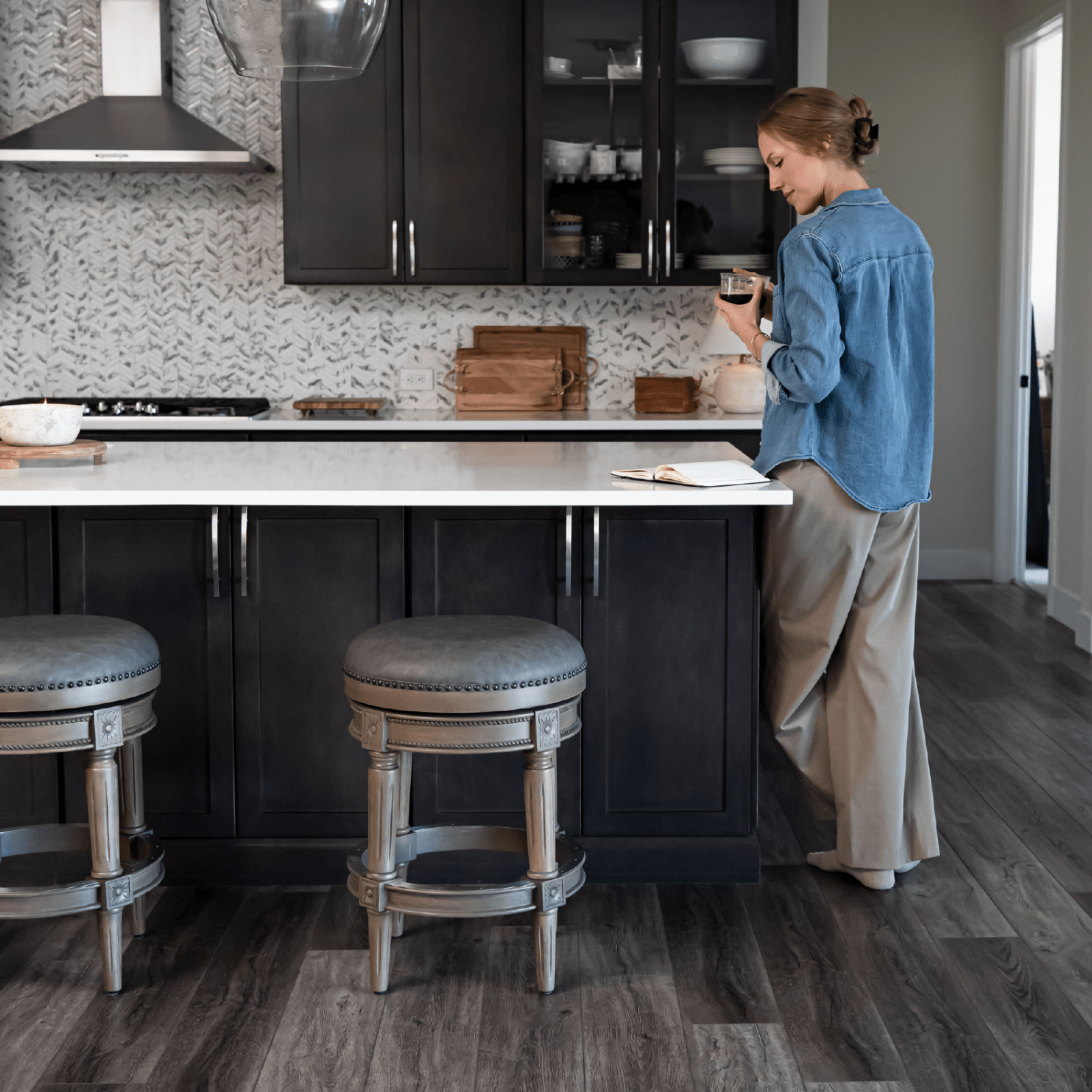 26" Pullman Backless Counter Stool in Reclaimed Oak Finish with Ronan Stone Vegan Leather in Stools by Maven Lane