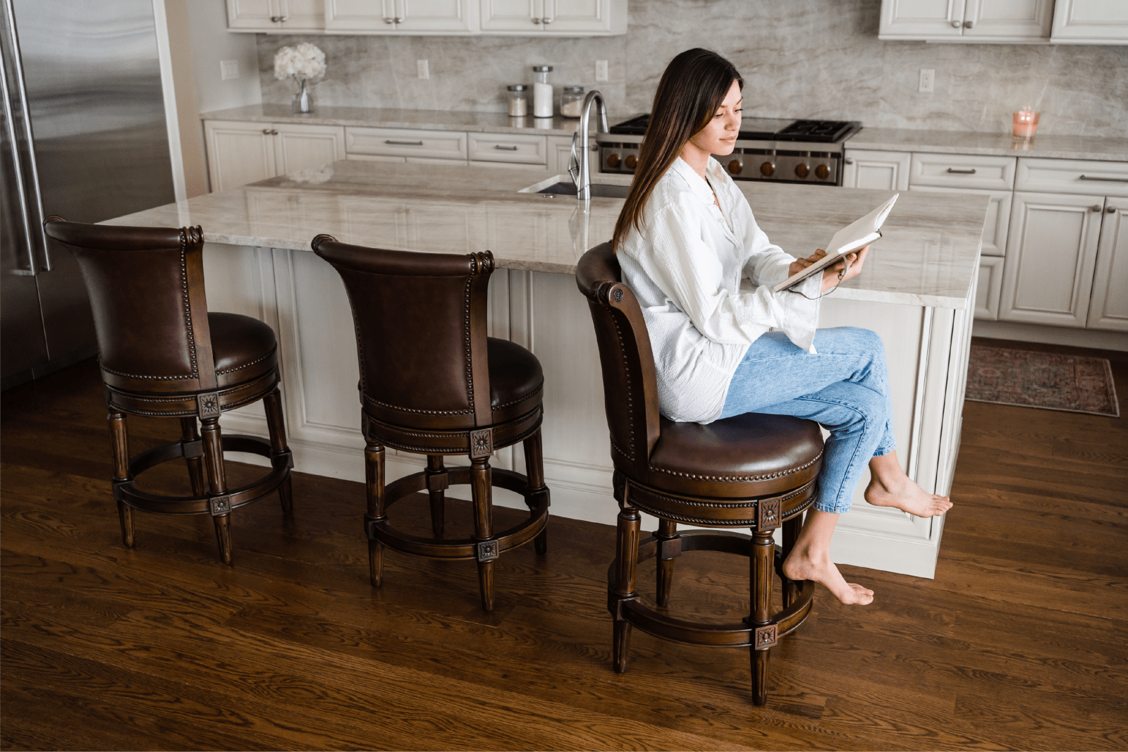 26" Pullman Counter Stool in Dark Walnut Finish with Vintage Brown Vegan Leather in Stools by Maven Lane
