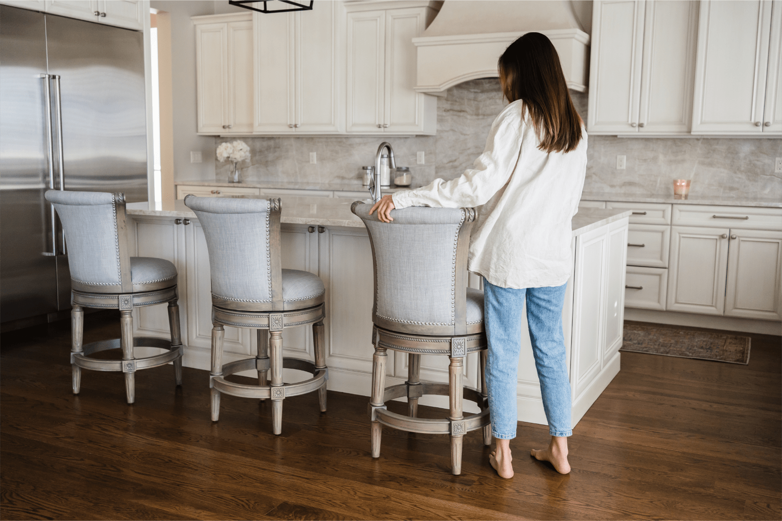 26" Pullman Counter Stool in Reclaimed Oak Finish with Ash Grey Fabric Upholstery in Stools by Maven Lane
