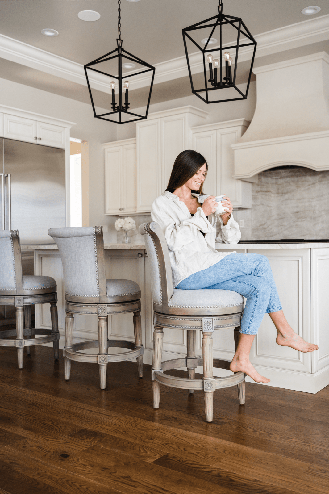 26" Pullman Counter Stool in Reclaimed Oak Finish with Ash Grey Fabric Upholstery in Stools by Maven Lane