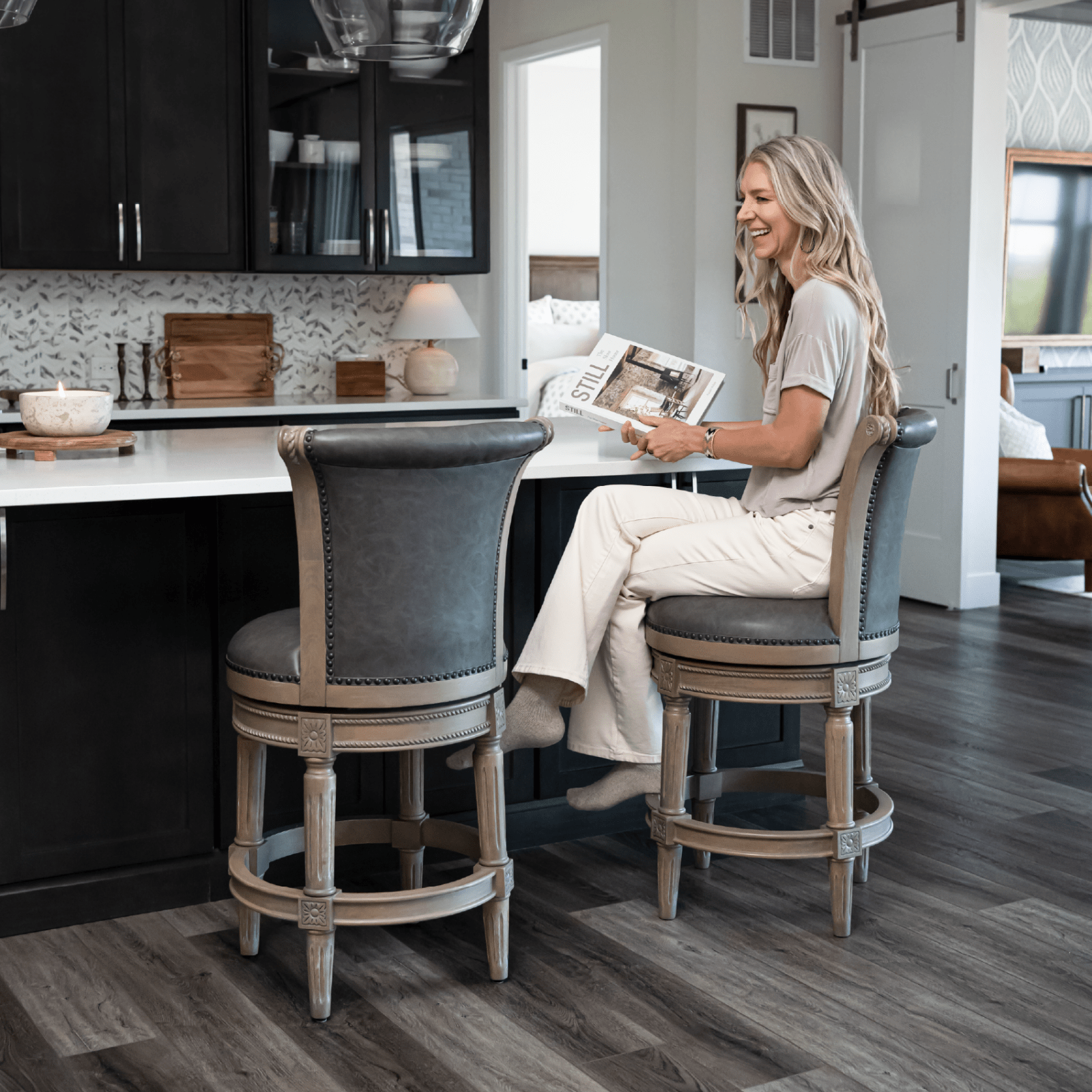 26" Pullman Counter Stool in Reclaimed Oak Finish with Ronan Stone Vegan Leather in Stools by Maven Lane