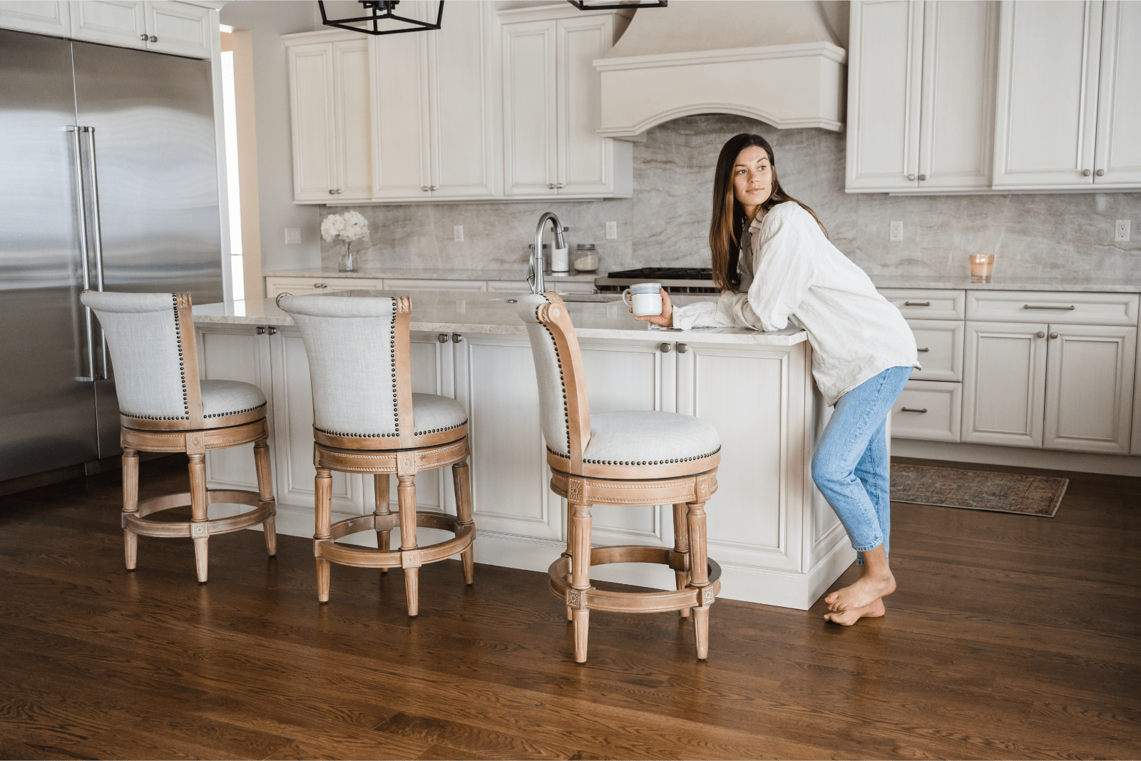 26" Pullman Counter Stool in Weathered Oak Finish with Sand Color Fabric Upholstery in Stools by Maven Lane