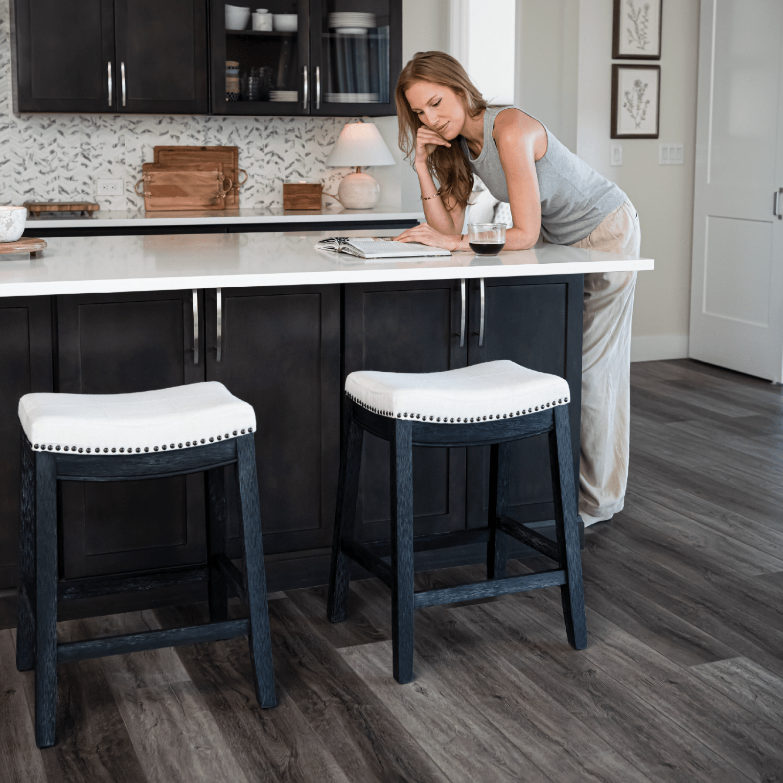 26" Sophia Backless Counter Stool in Aged Black Finish with Snow White Fabric in Stools by Maven Lane