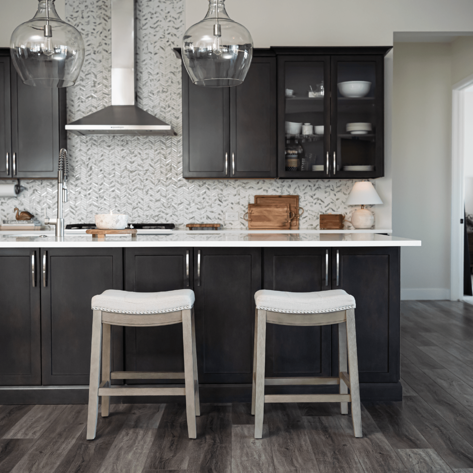 26" Sophia Counter Stool in Grey Finish and Grey Fabric Upholstery (Set of 3) in by Maven Lane