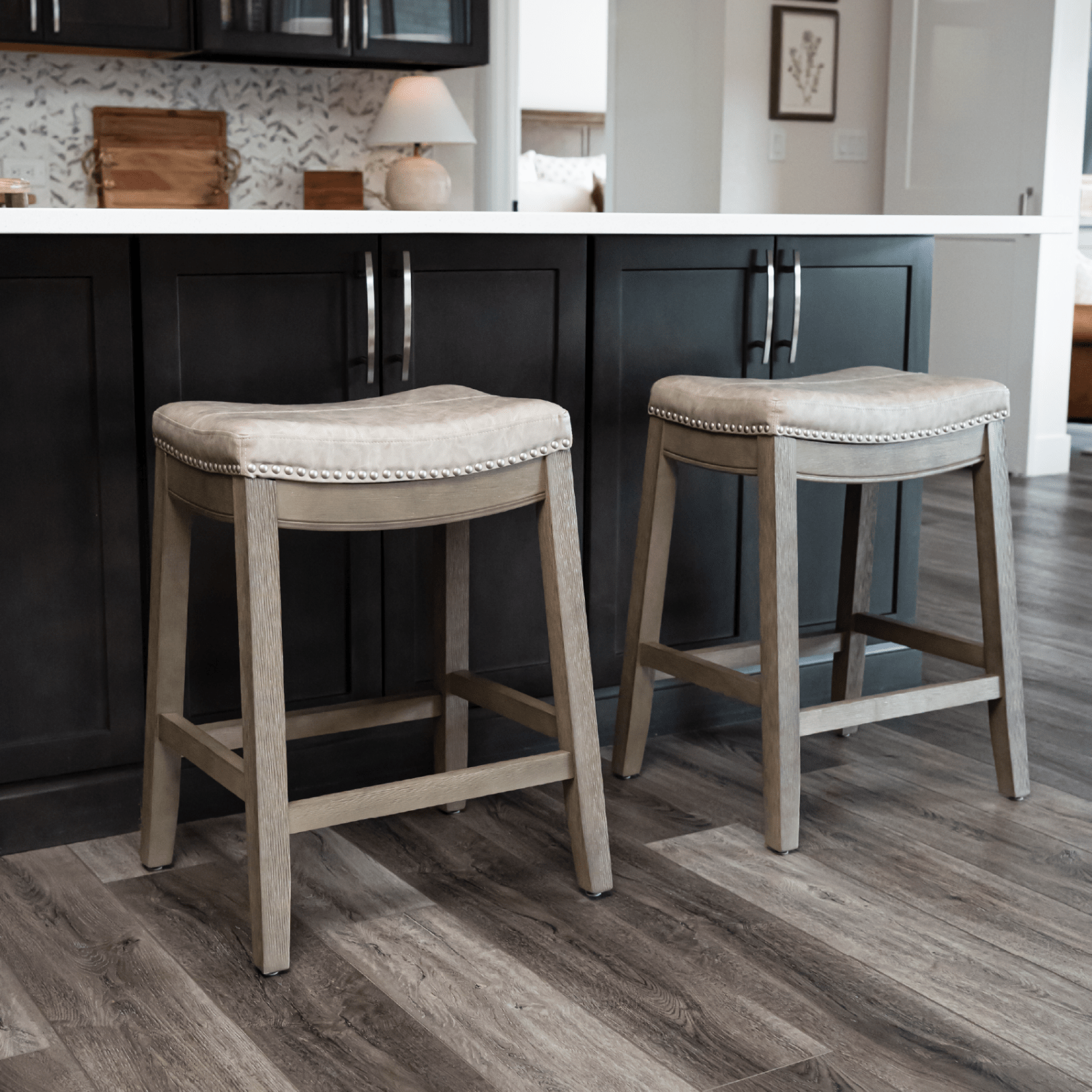 26" Sophia Backless Counter Stool in Aged Grey Finish with Pebble Grey Vegan Leather in Stools by Maven Lane