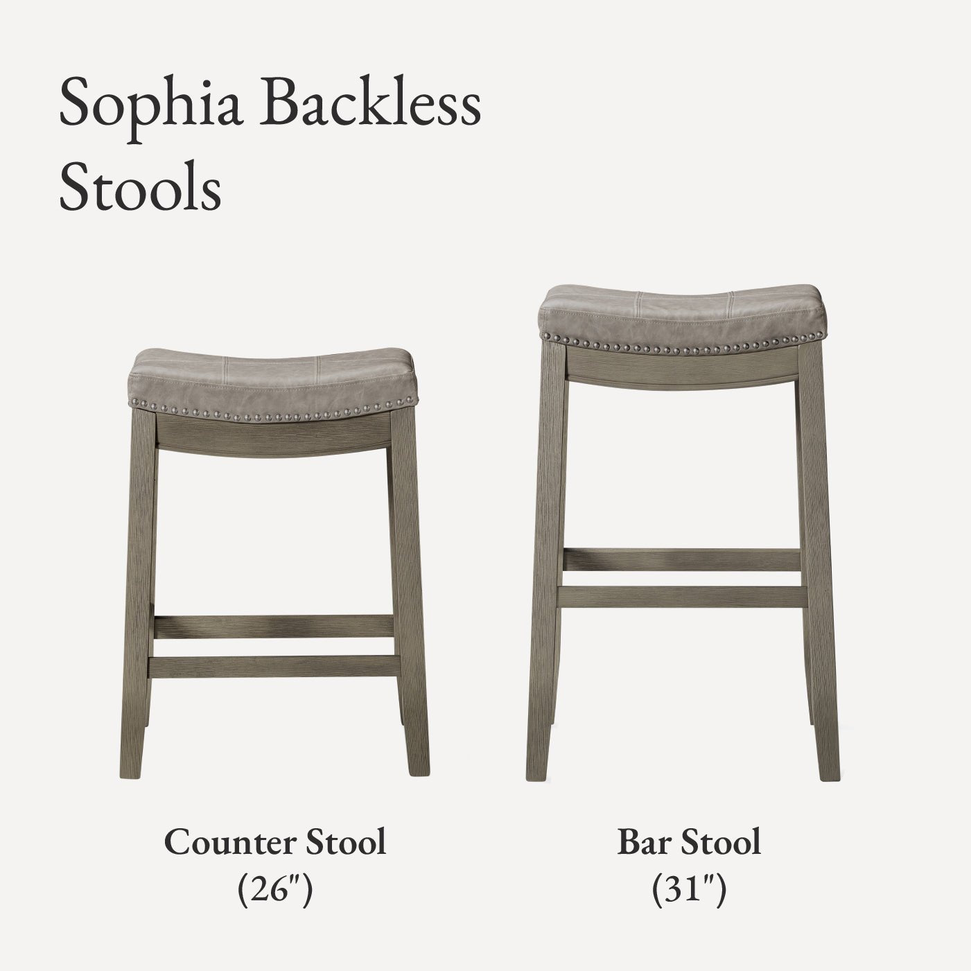 26" Sophia Backless Counter Stool in Aged Grey Finish with Pebble Grey Vegan Leather in Stools by Maven Lane