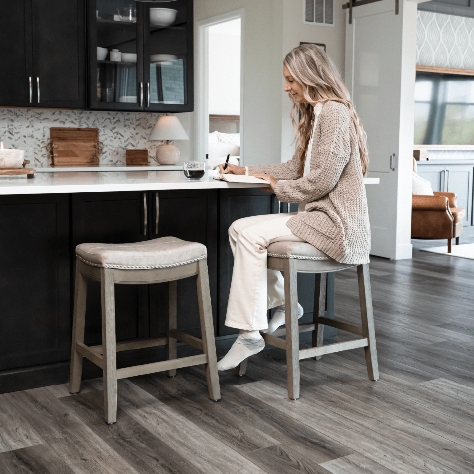 26" Sophia Backless Counter Stool in Aged Grey Finish with Pebble Grey Vegan Leather in Stools by Maven Lane