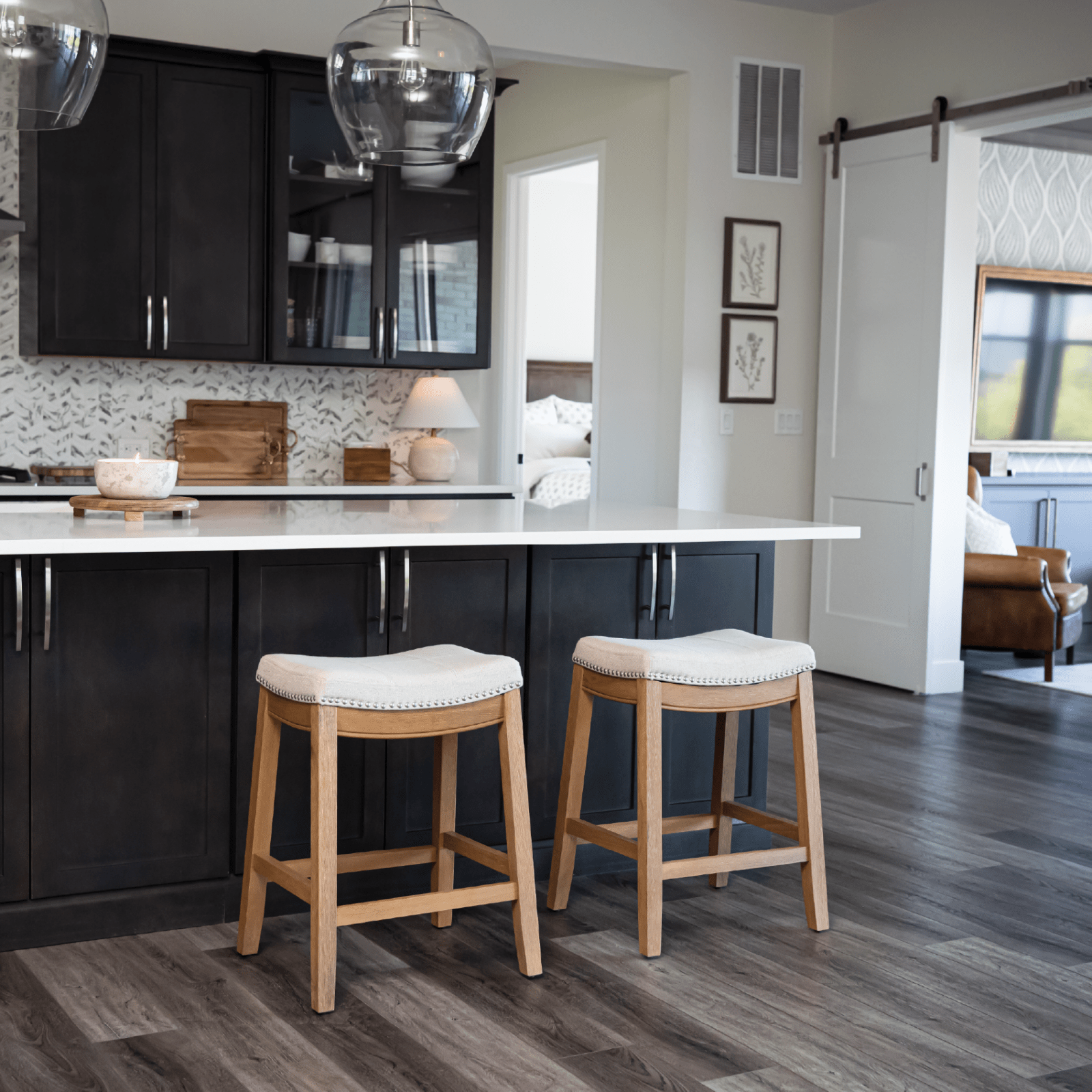 26" Sophia Backless Counter Stool in Aged Natural Finish with Light Beige Fabric in Stools by Maven Lane
