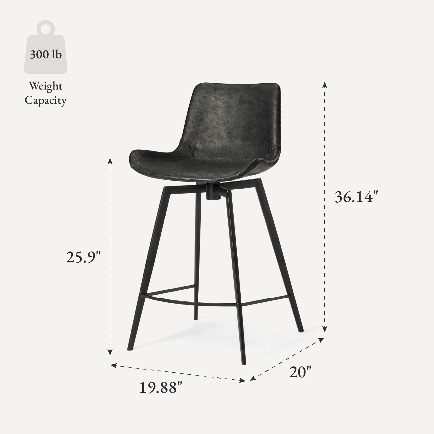 26" Victor Counter Stool in Matte Black Frame with Charcoal Vegan Leather in Maven Lane by Maven Lane