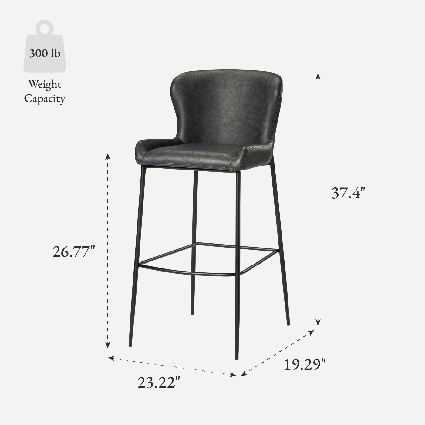 27" Naomi Counter Stool in Matte Black Finish with Charcoal Black Vegan Leather Upholstery in Stools by Maven Lane