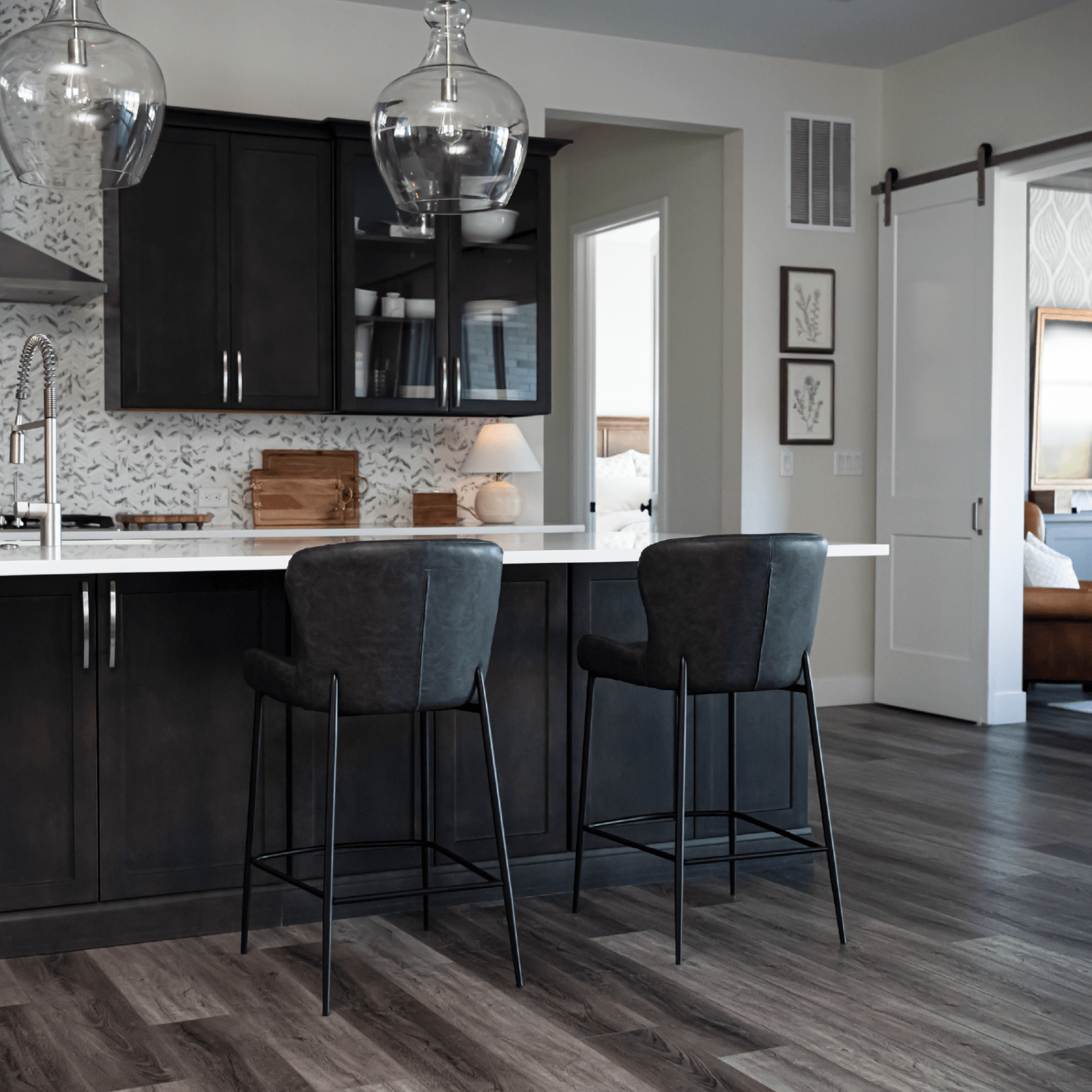 27" Naomi Counter Stool in Matte Black Finish with Charcoal Black Vegan Leather Upholstery in Stools by Maven Lane