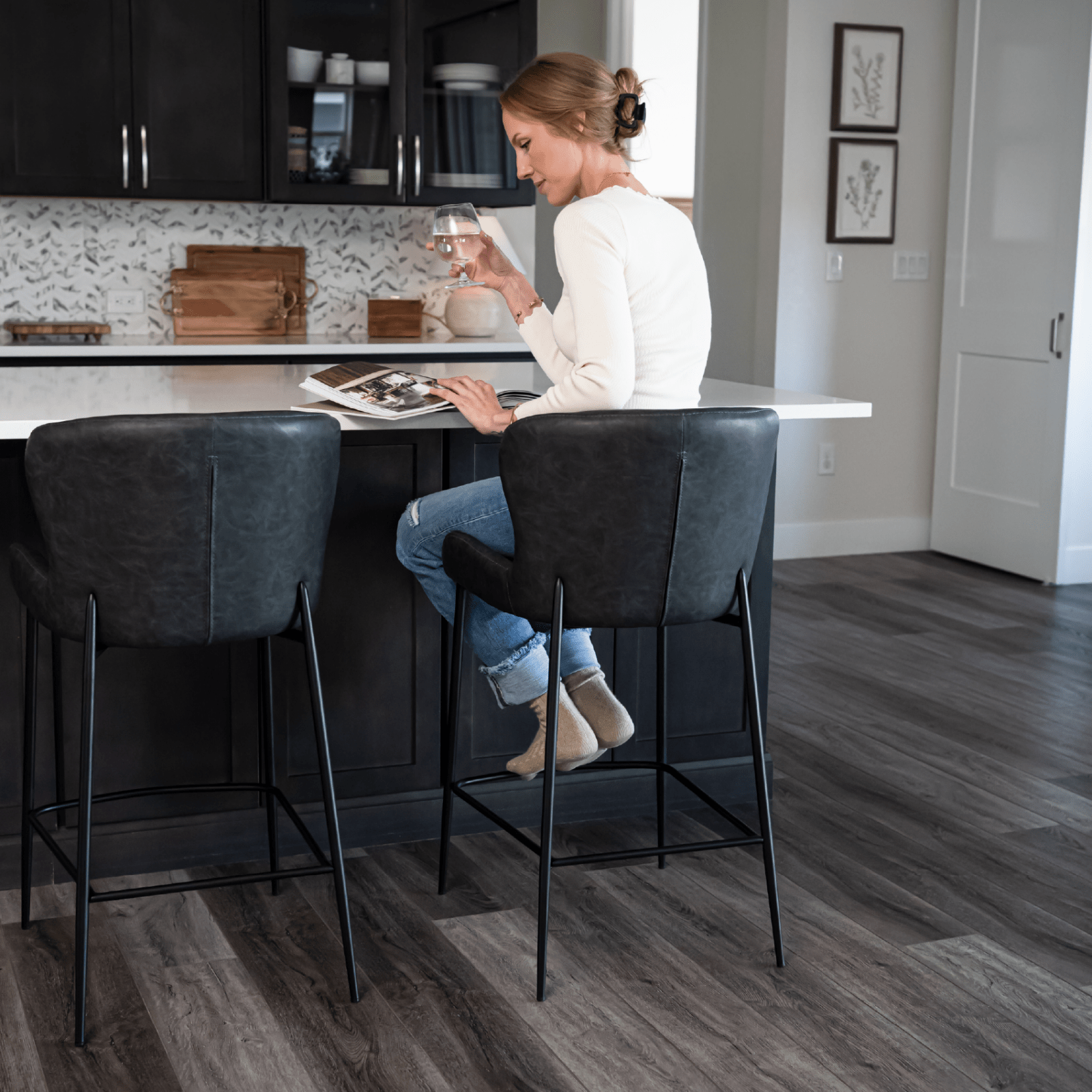 27" Naomi Counter Stool in Matte Black Finish with Charcoal Black Vegan Leather Upholstery in Stools by Maven Lane