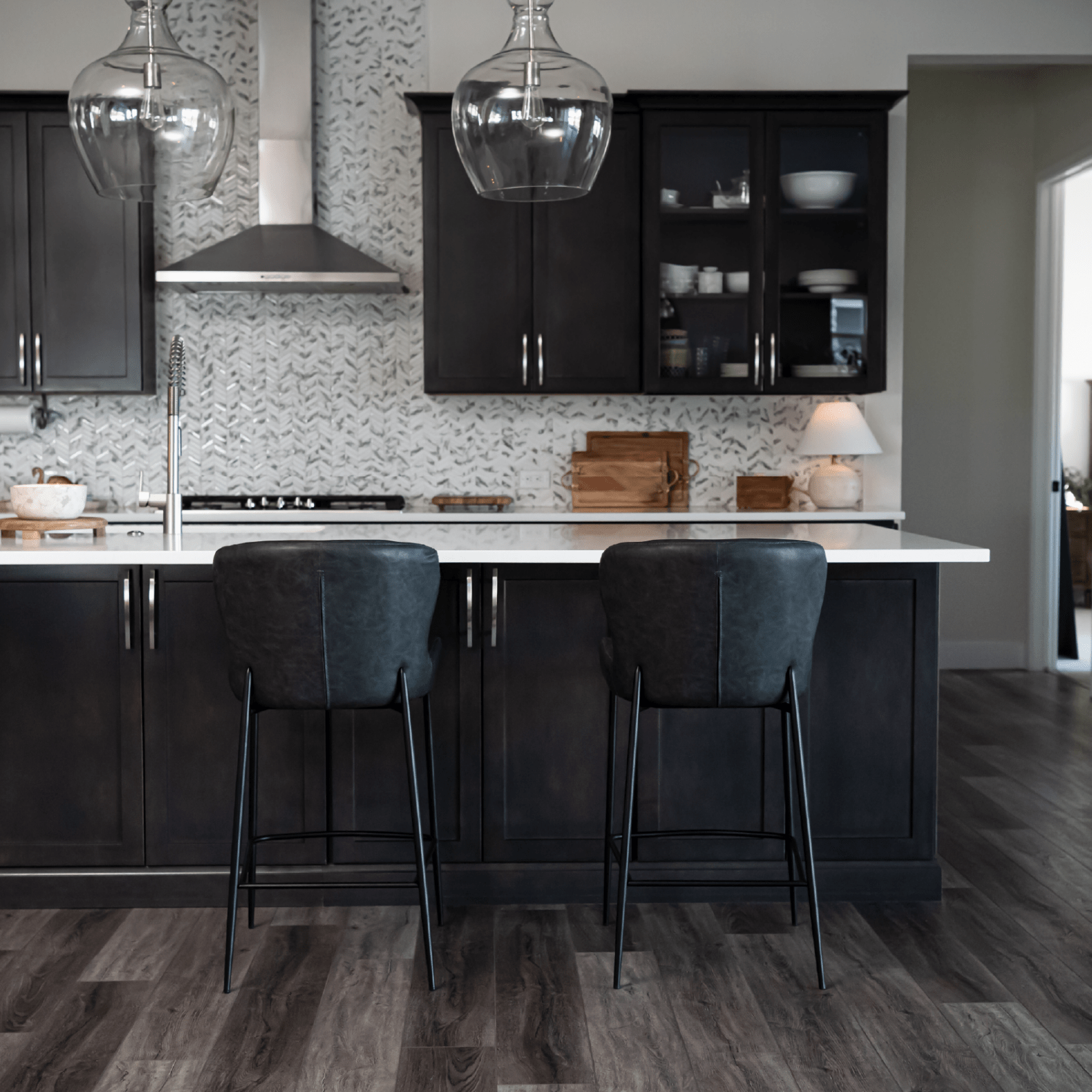 27" Naomi Counter Stool in Matte Black Finish with Charcoal Black Vegan Leather Upholstery in Stools by Maven Lane
