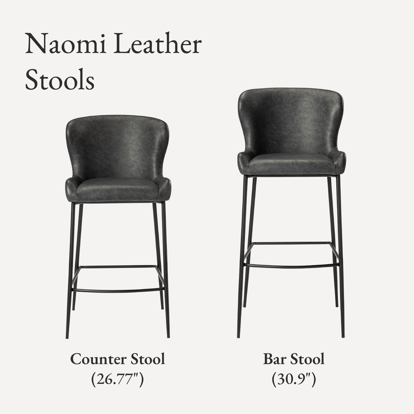 27" Naomi Counter Stool in Matte Black Finish with Charcoal Black Vegan Leather Upholstery in Stools by Maven Lane