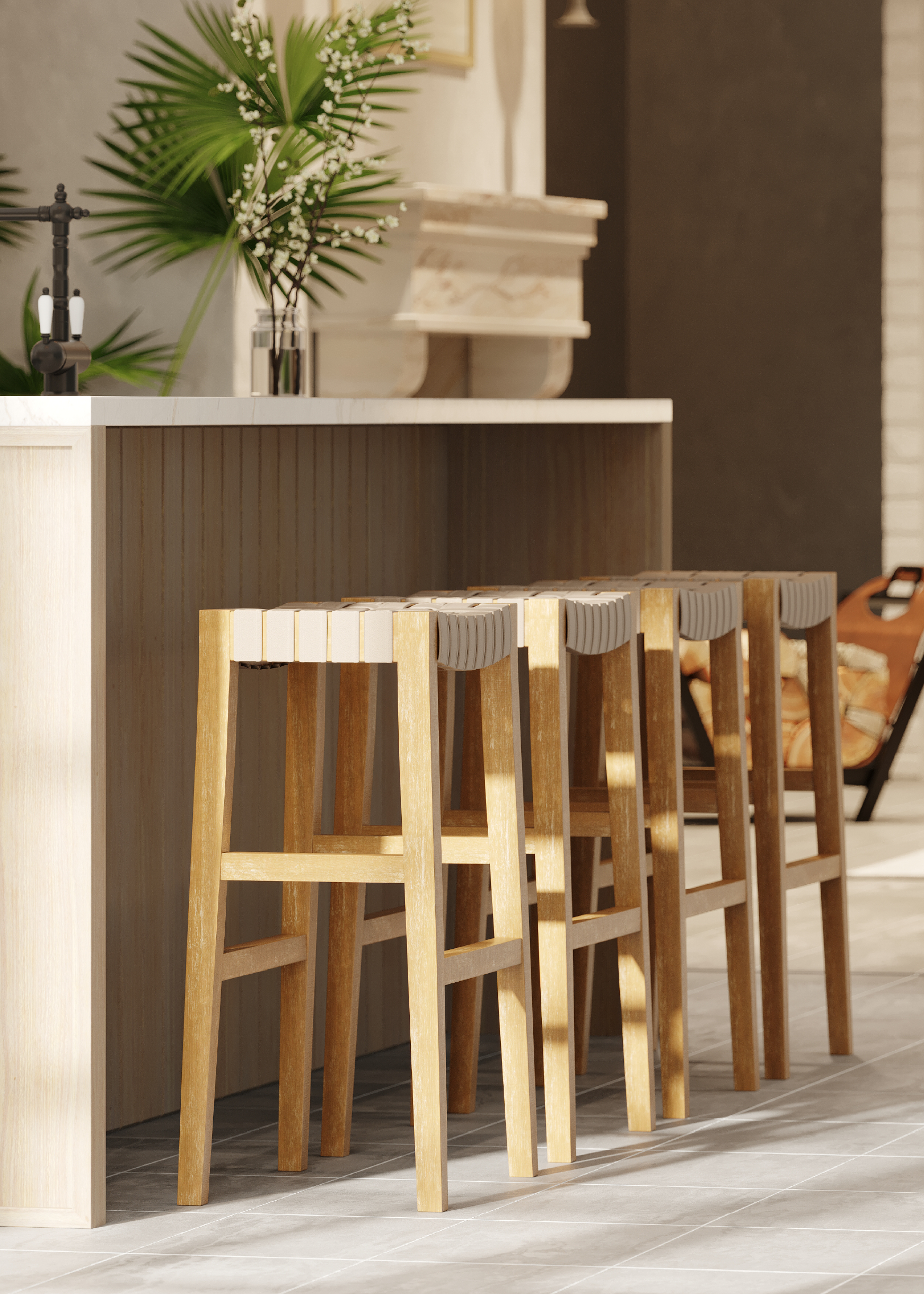 Emerson Bar Stool In Weathered Natural Wood Finish With Avanti Bone Vegan Leather in Stools by Maven Lane
