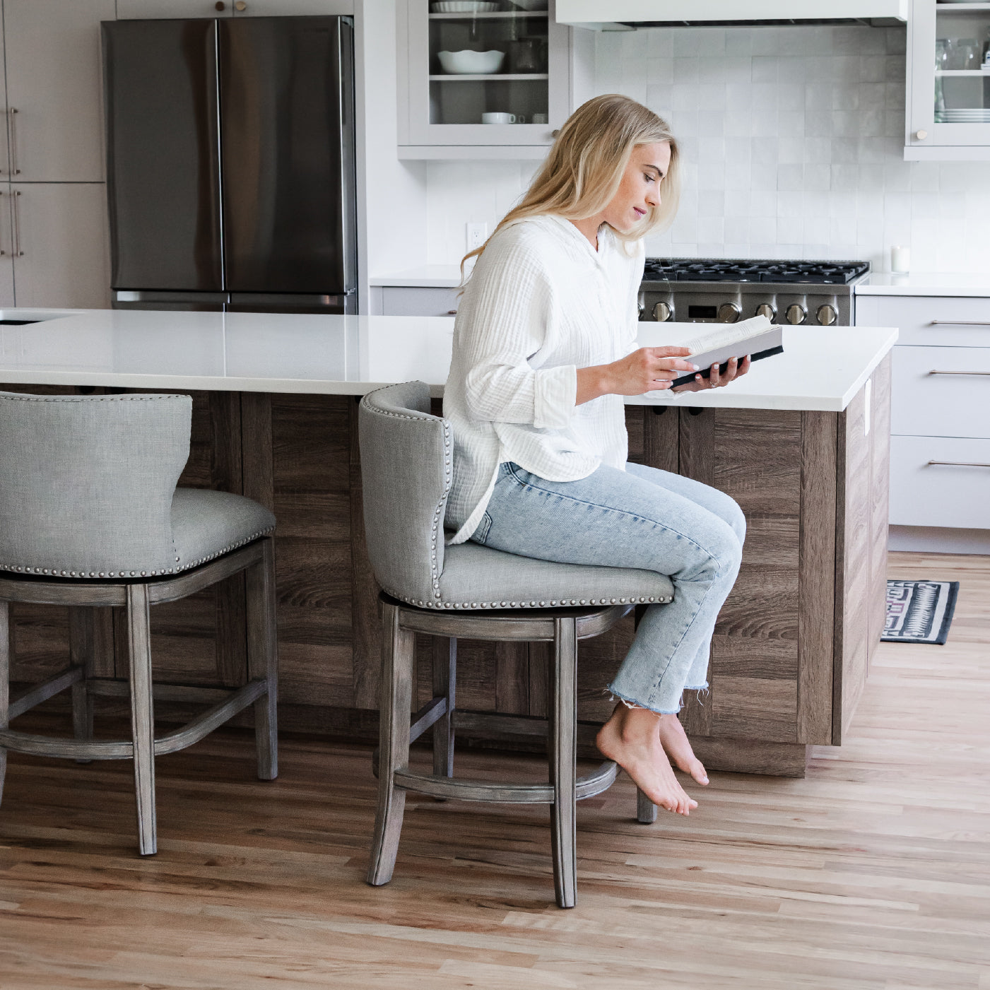 Hugo Counter Stool in Grey Finish with Grey Fabric Upholstery in Maven Lane by Maven Lane